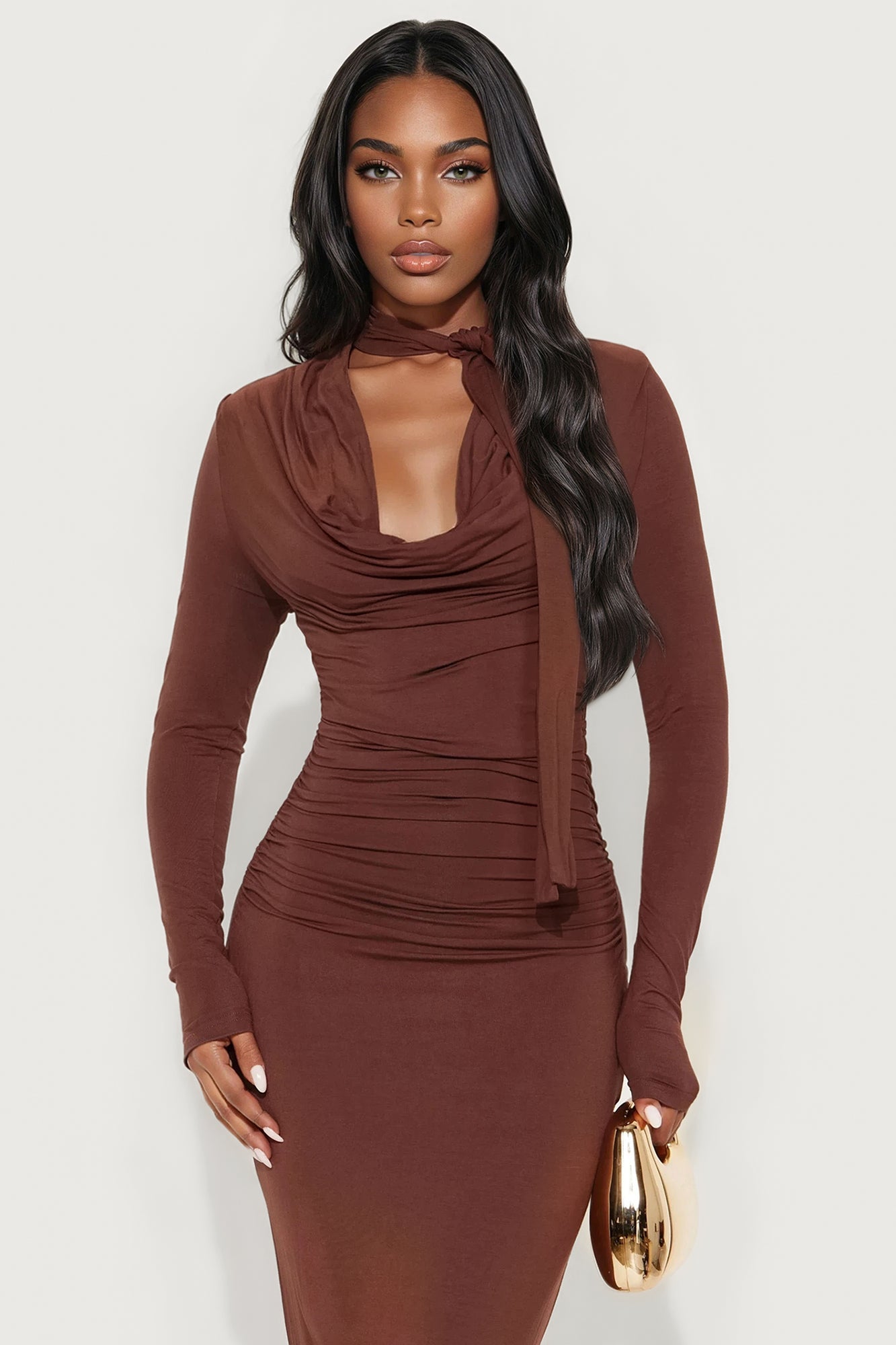 On Rehearsal Long Sleeve Cowl Neck Midi Dress - Chocolate
