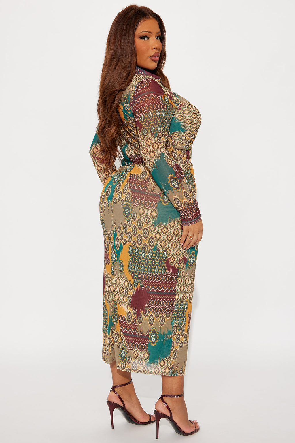 Amira Lace Up Mesh Midi Dress - Brown/combo