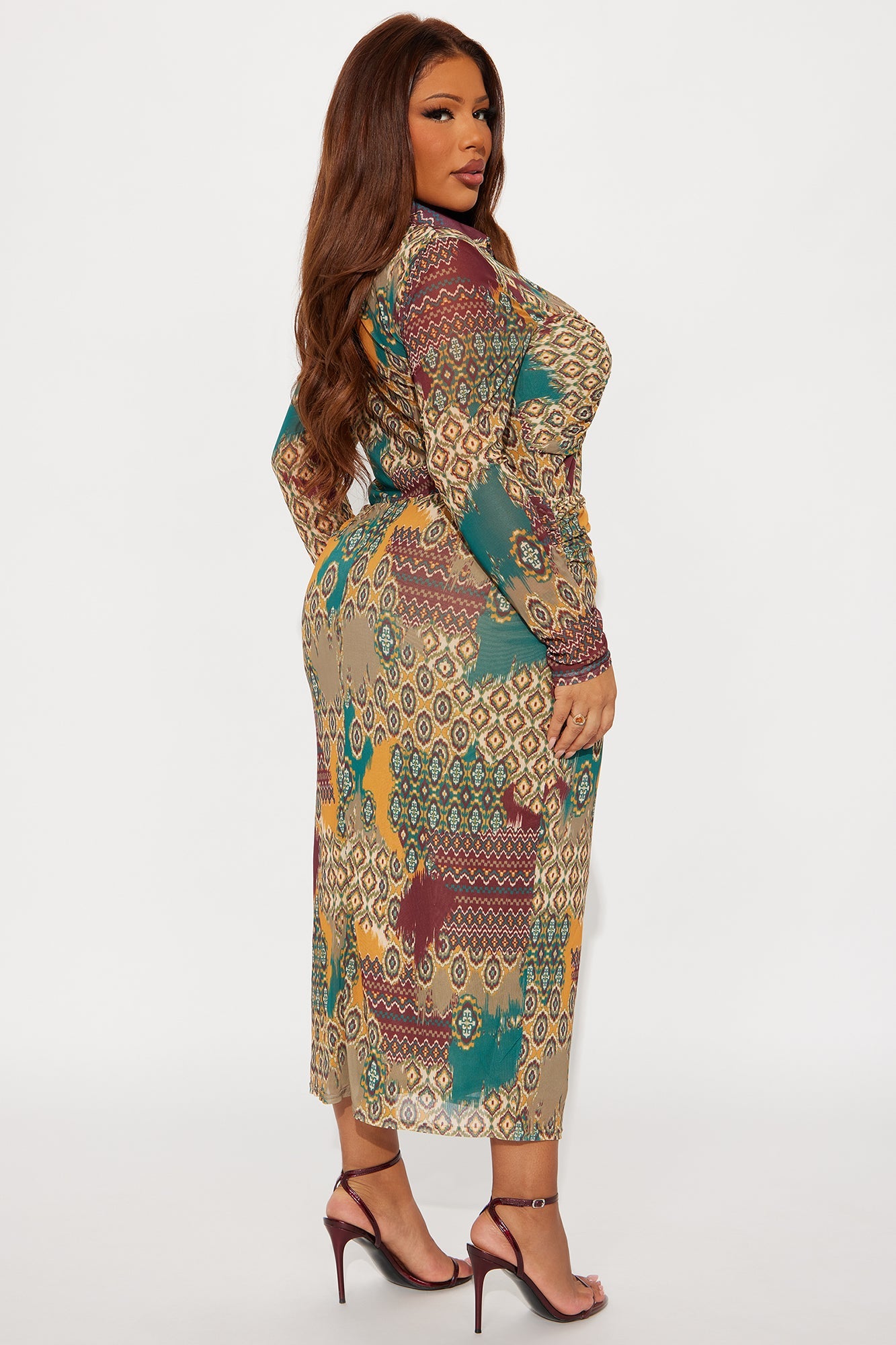 Amira Lace Up Mesh Midi Dress - Brown/combo