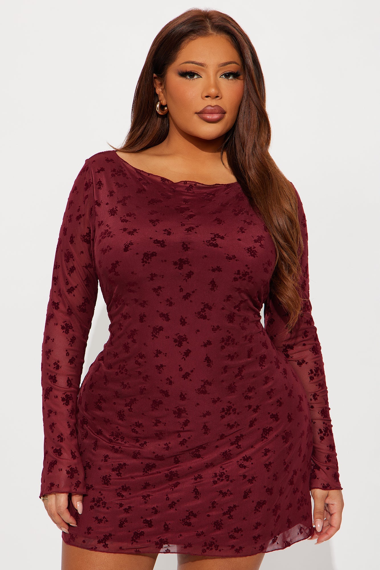 Brinley Flocked Mesh Mini Dress - Wine