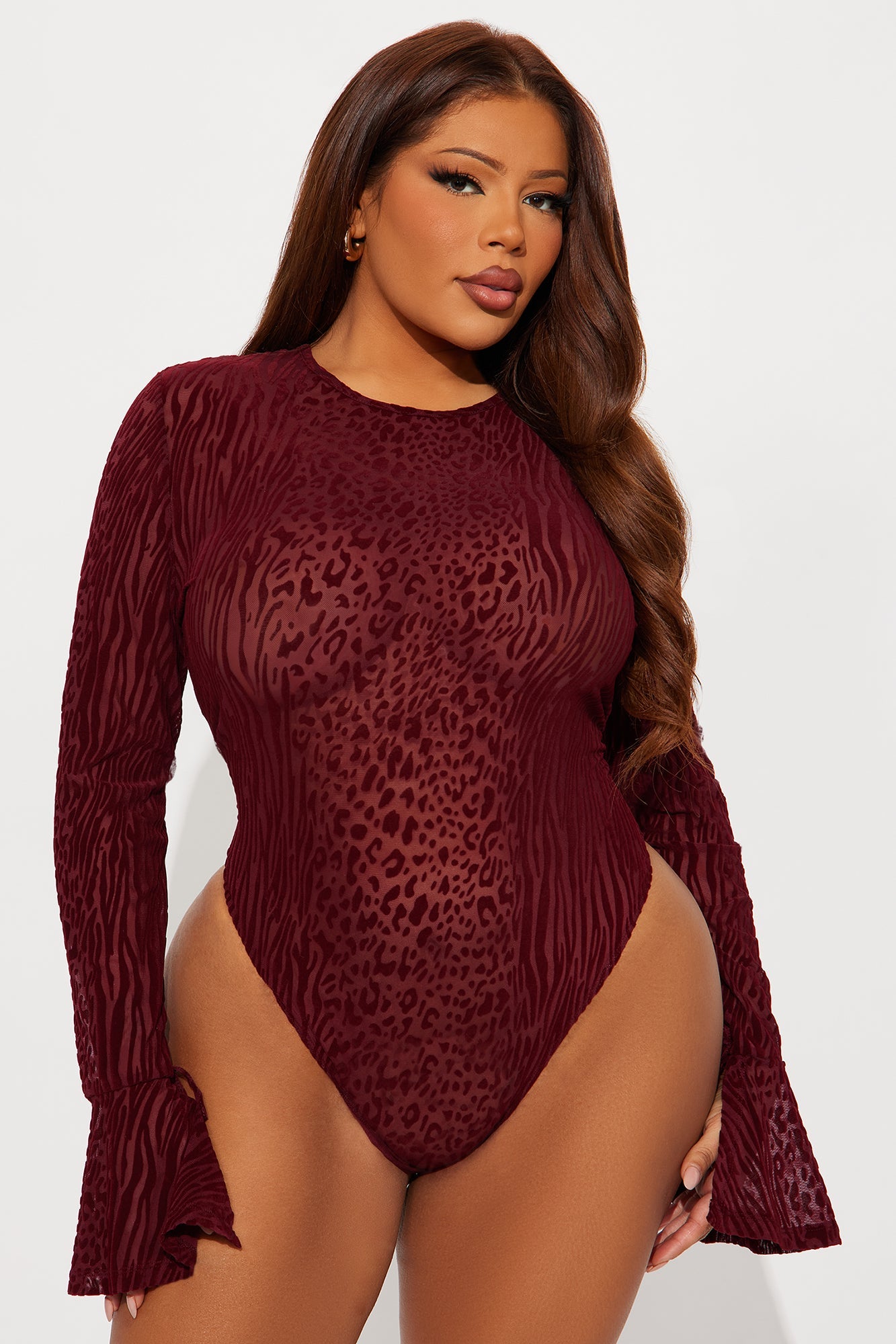 Power Play Flocked Mesh Long Sleeve Bodysuit - Burgundy