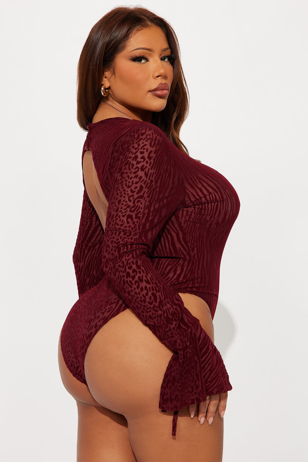 Power Play Flocked Mesh Long Sleeve Bodysuit - Burgundy