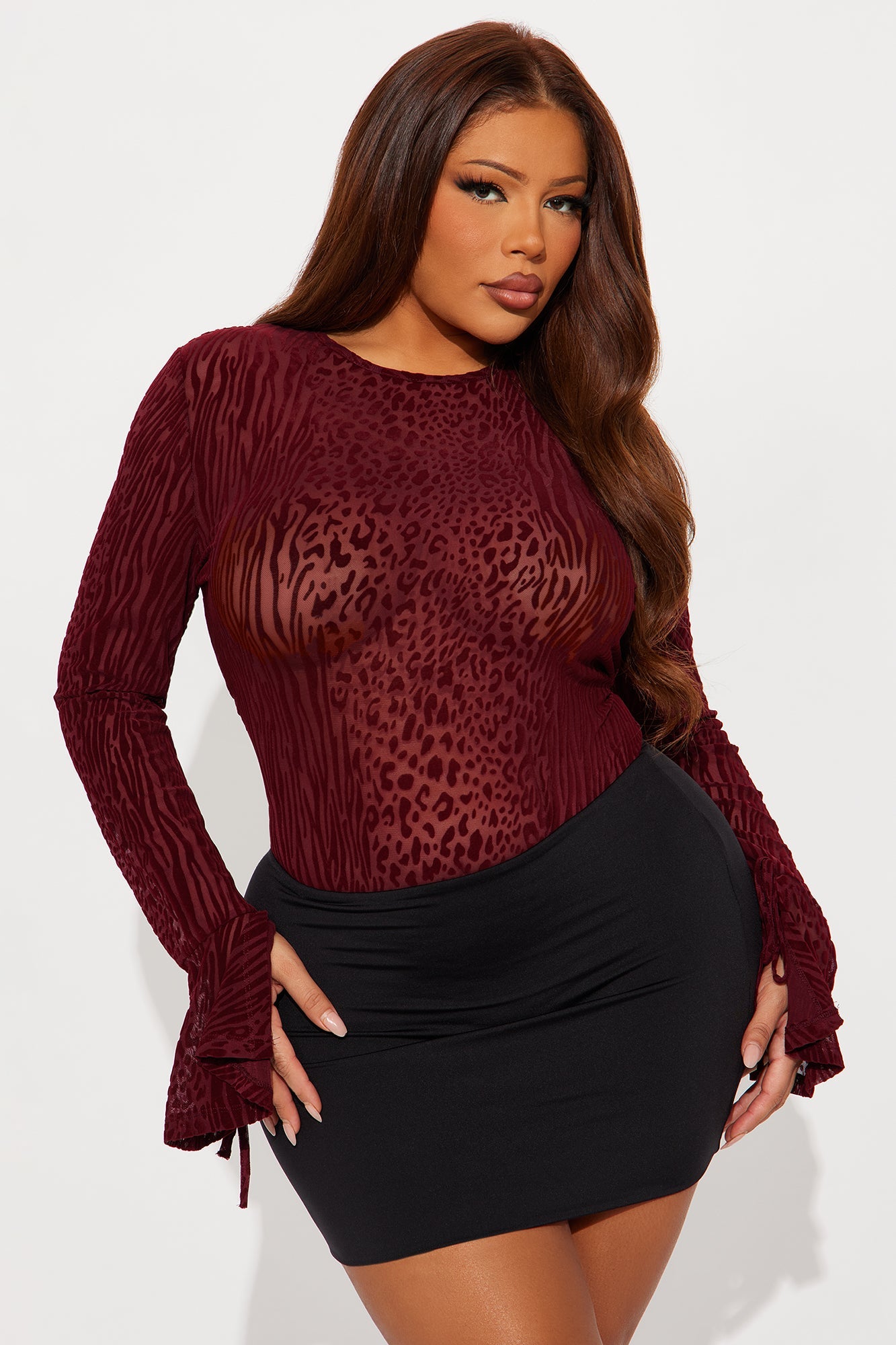 Power Play Flocked Mesh Long Sleeve Bodysuit - Burgundy