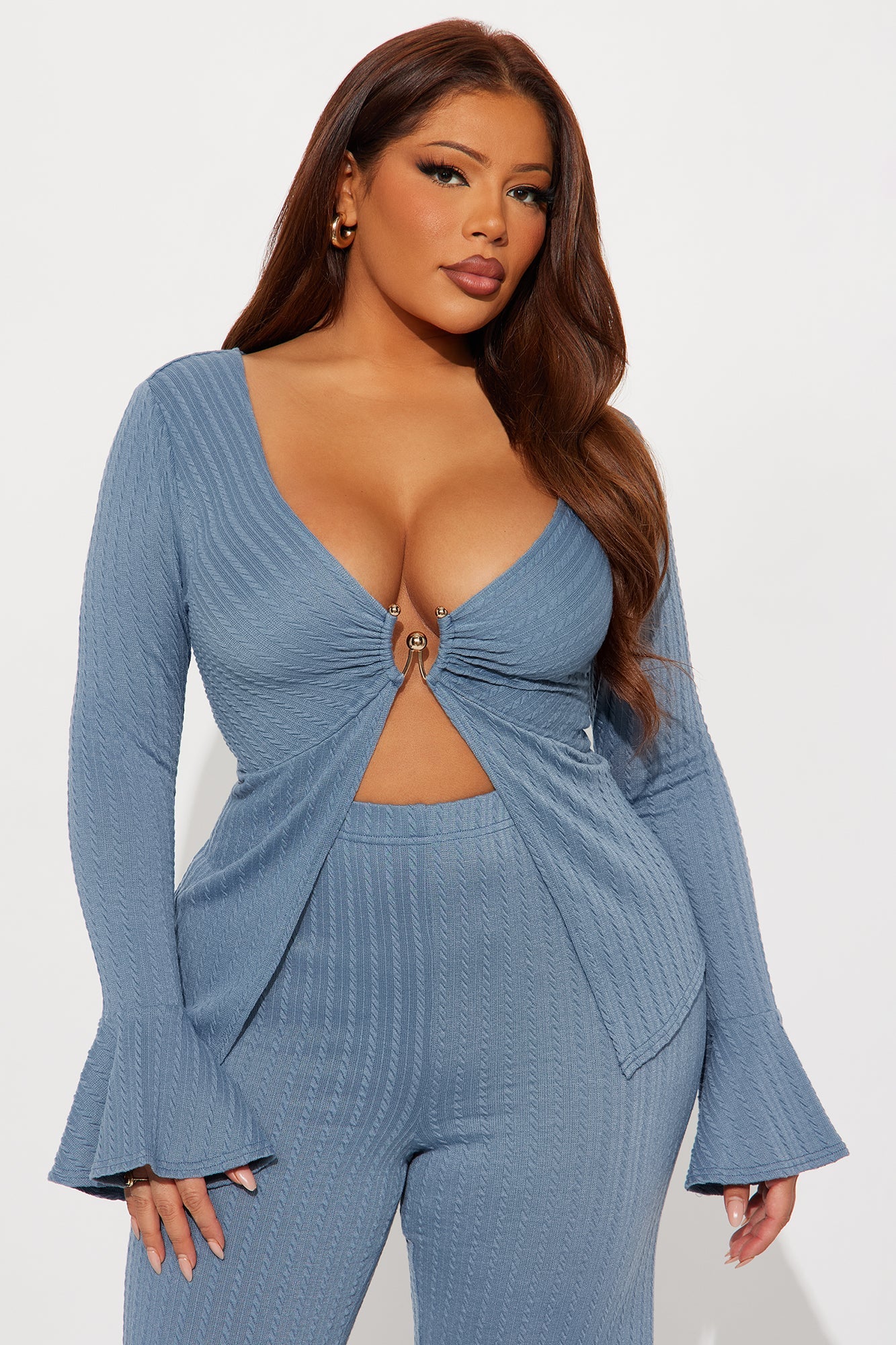 Brielle Knit Flare Pant Set - Slate Blue