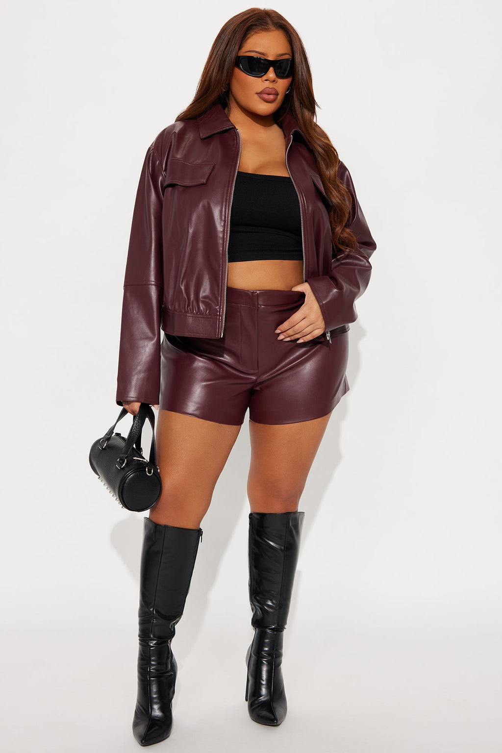 Cora Faux Leather Jacket Short Set - Burgundy 