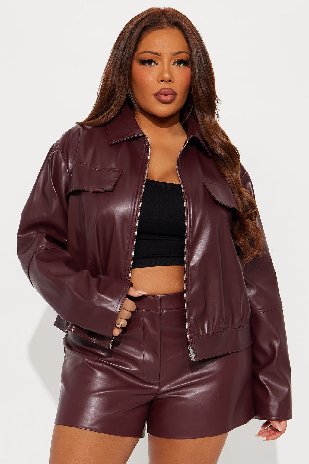 Cora Faux Leather Jacket Short Set - Burgundy 