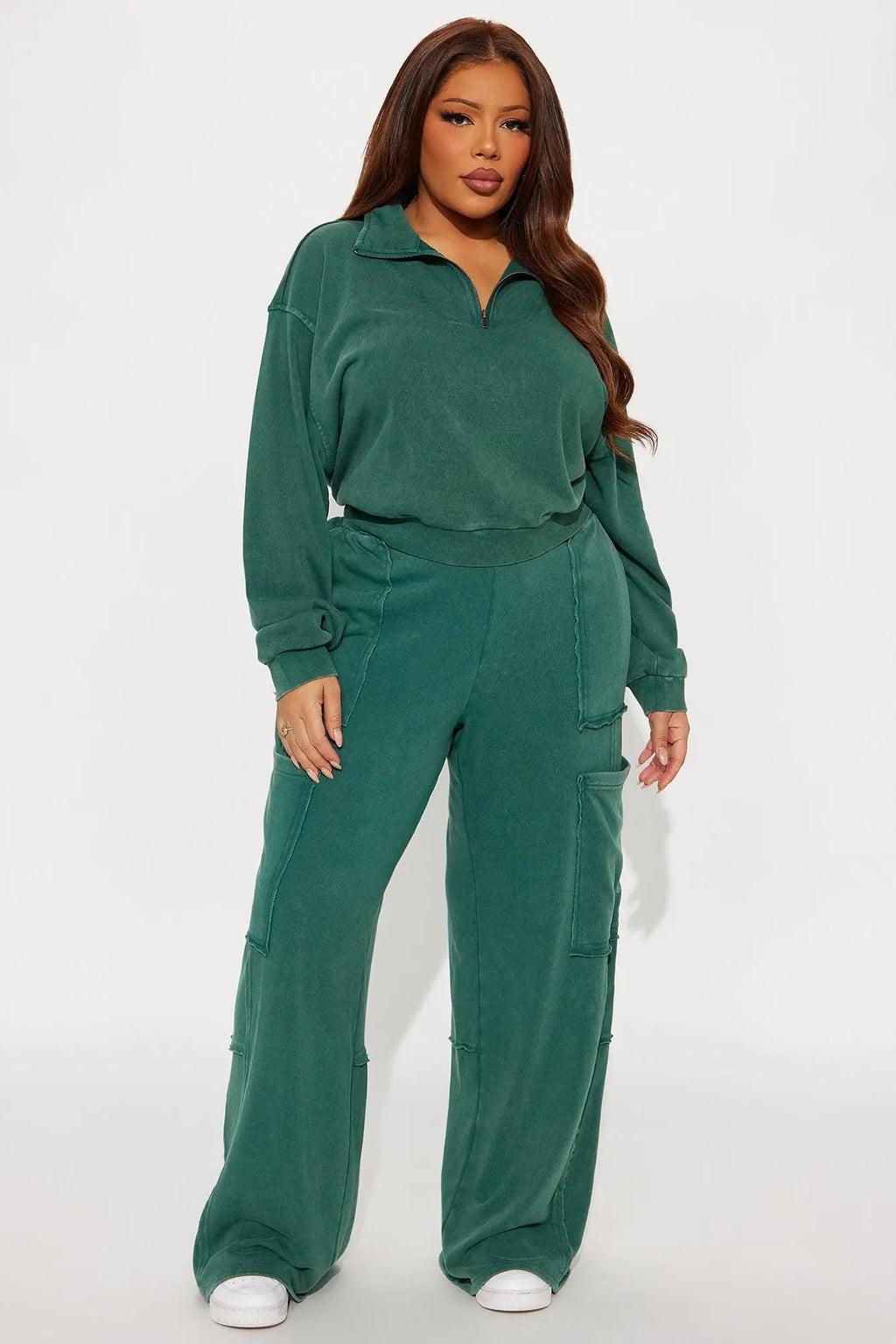 Come And Go Quarter Zip Washed Pant Set - Hunter 