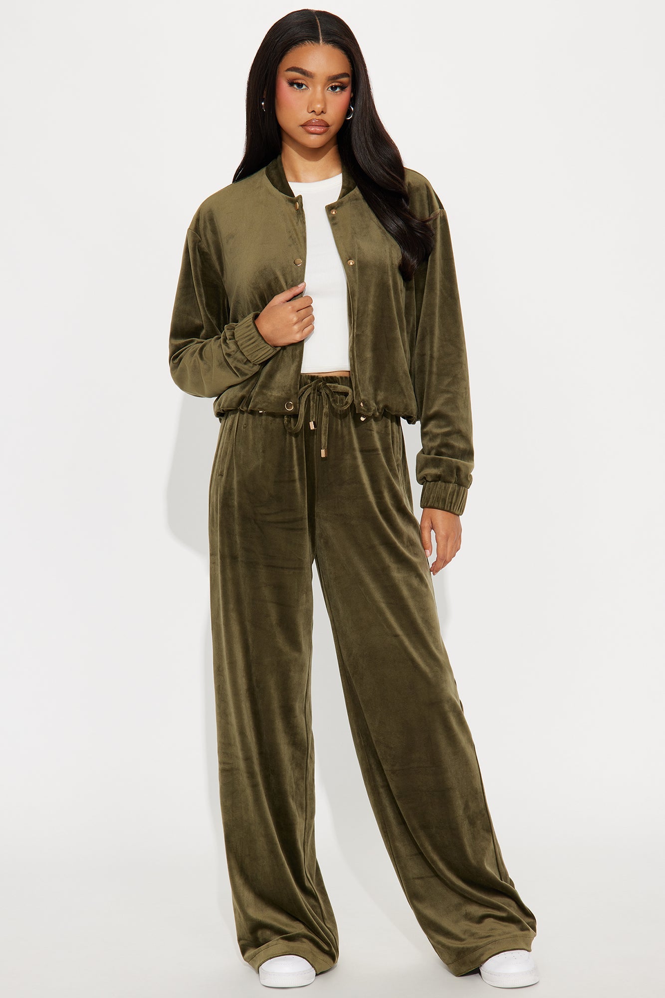 Smooth Moovin' Velvet Pant Set - Olive