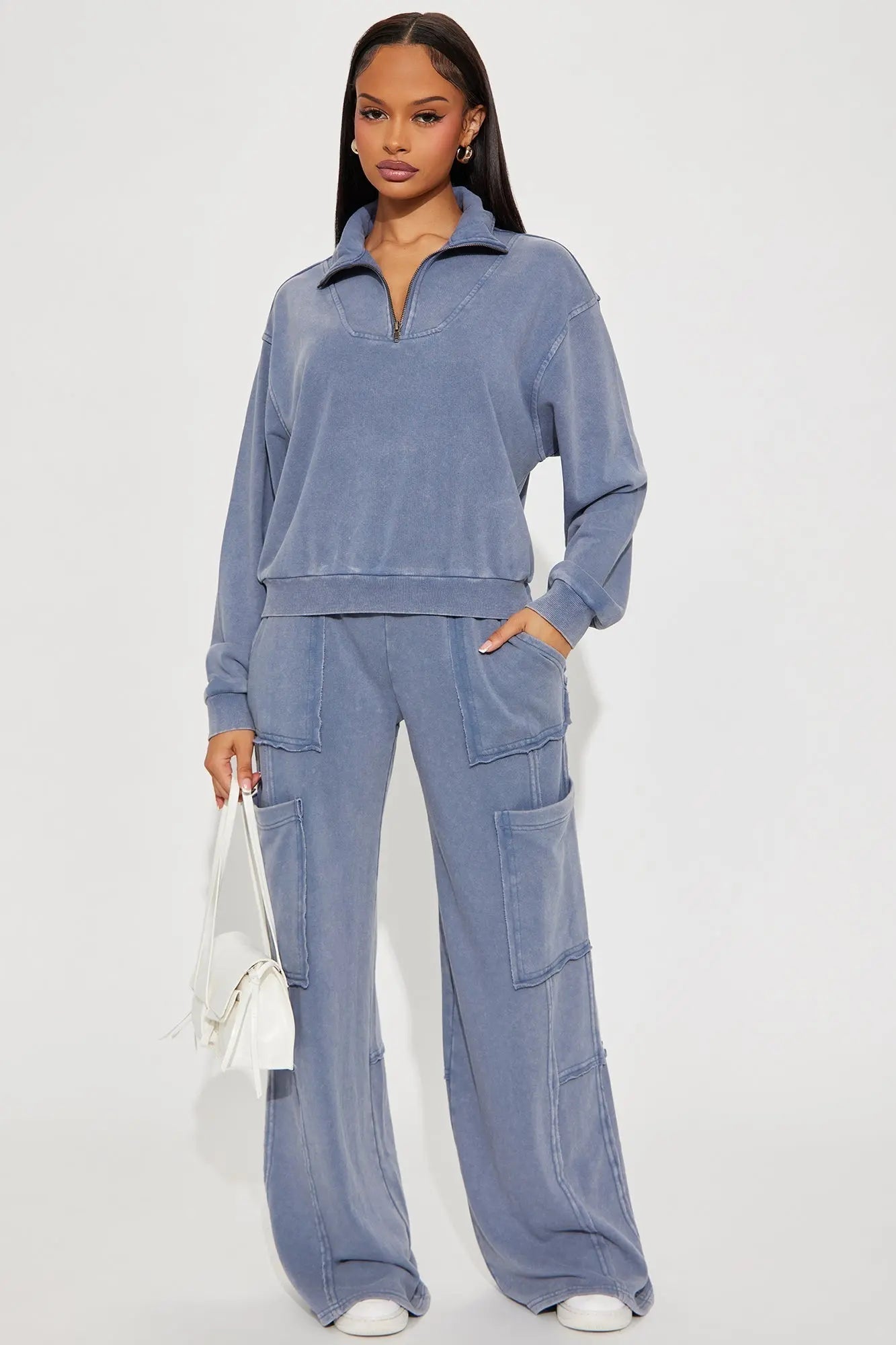 Come And Go Quarter Zip Washed Pant Set - Navy 