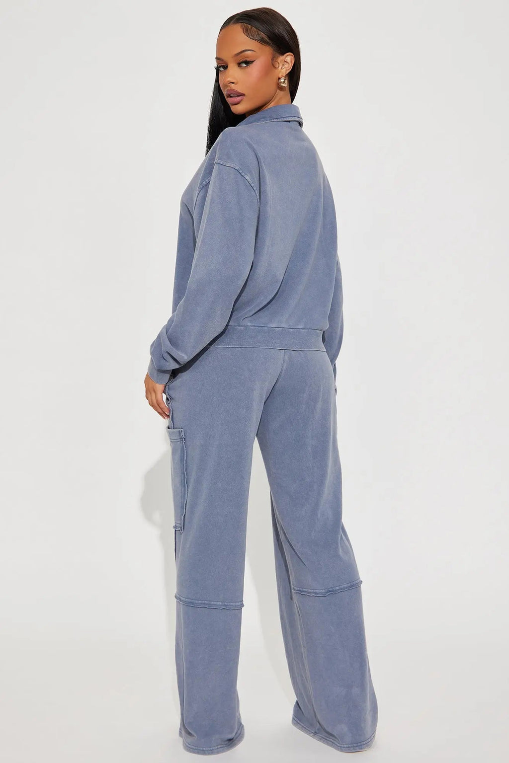 Come And Go Quarter Zip Washed Pant Set - Navy 