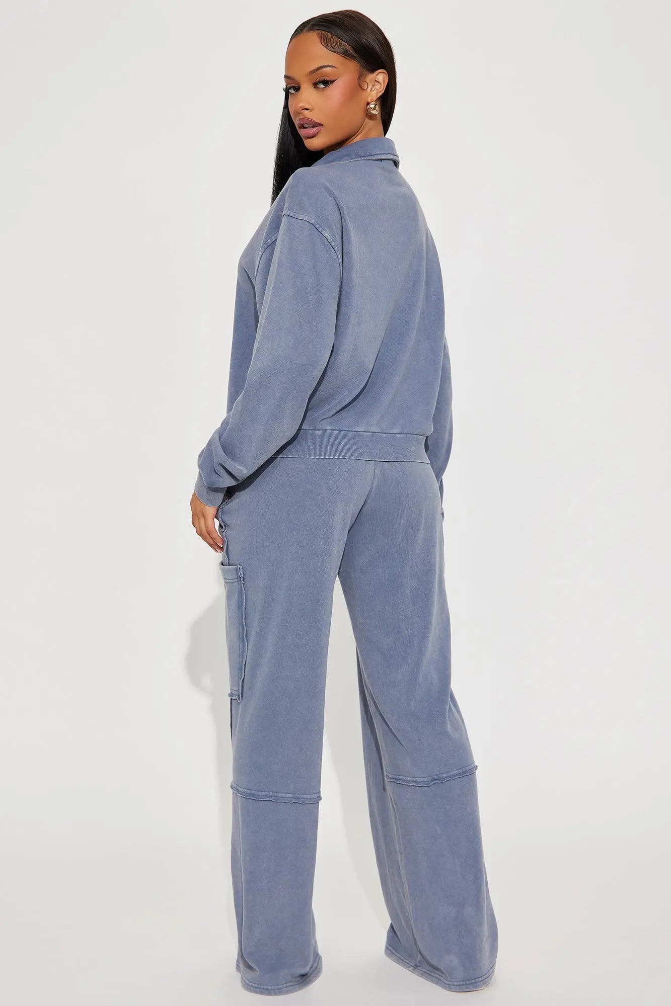 Come And Go Quarter Zip Washed Pant Set - Navy 