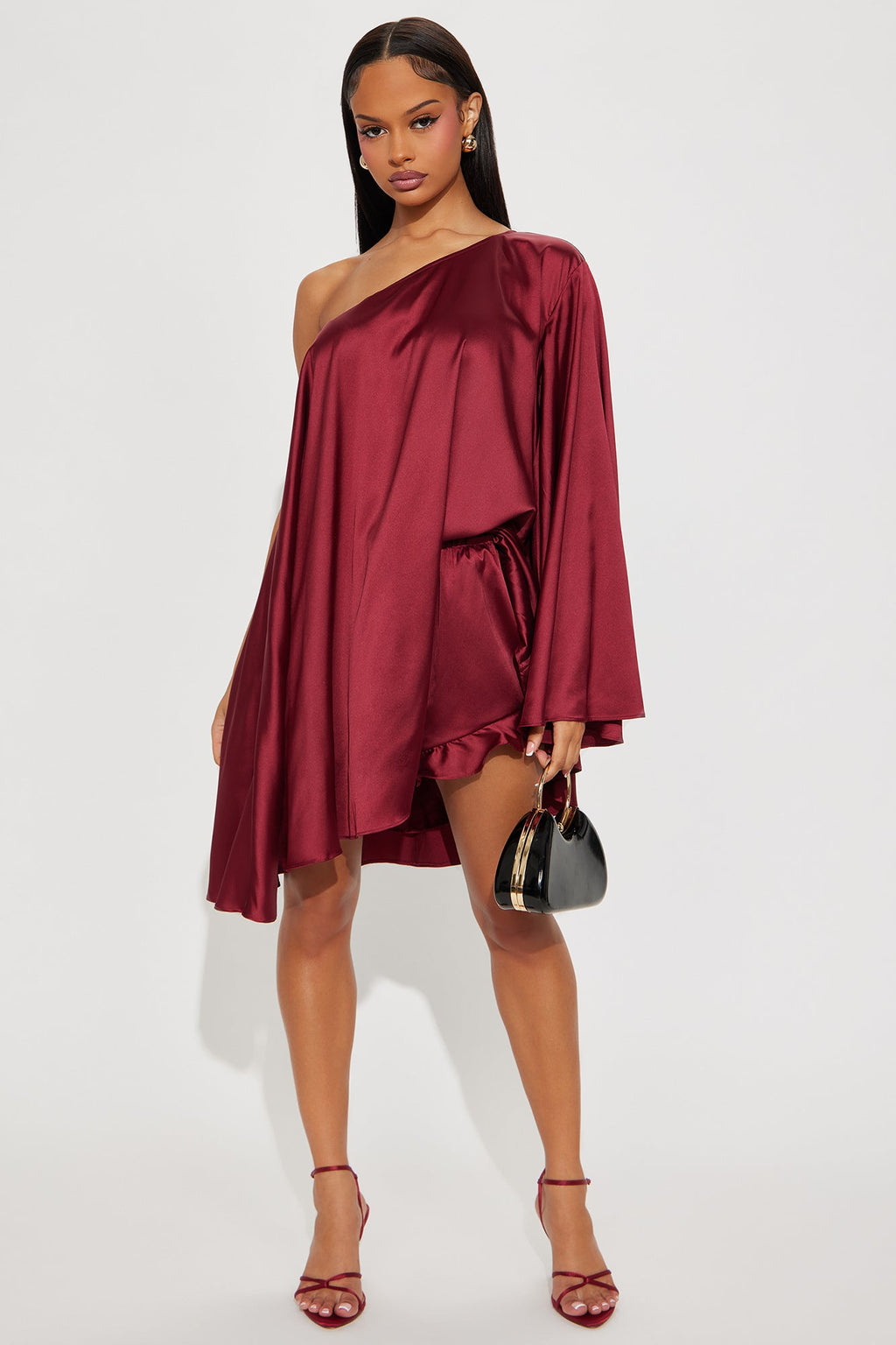 Mariana Satin One Shoulder Draped Short Set - Wine 