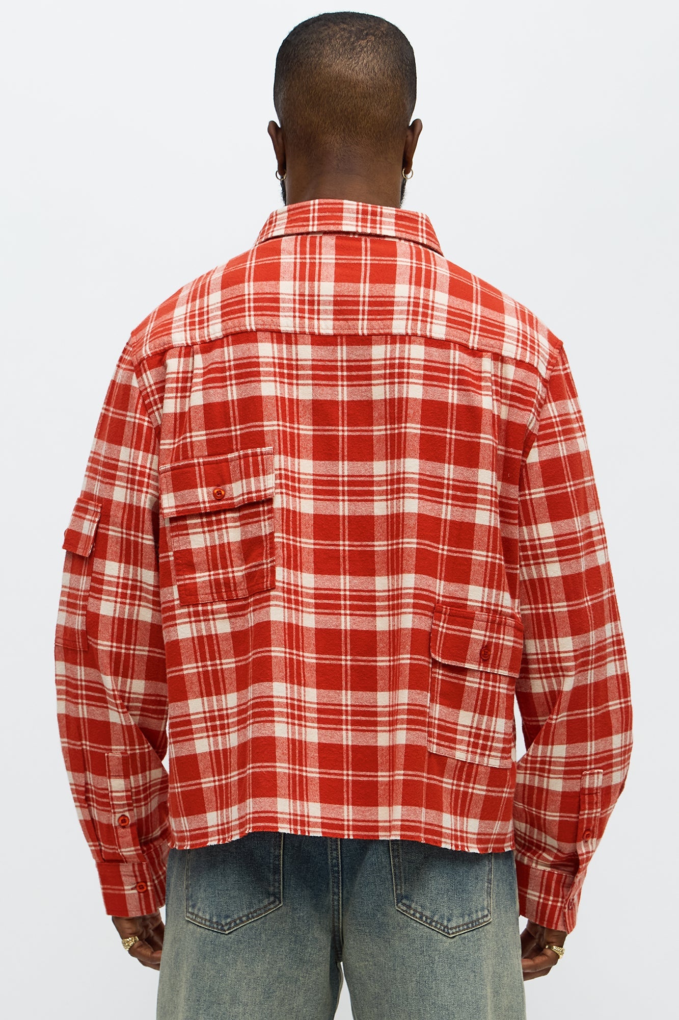 Cropped Cargo Pocket Flannel Button Up - Red/combo