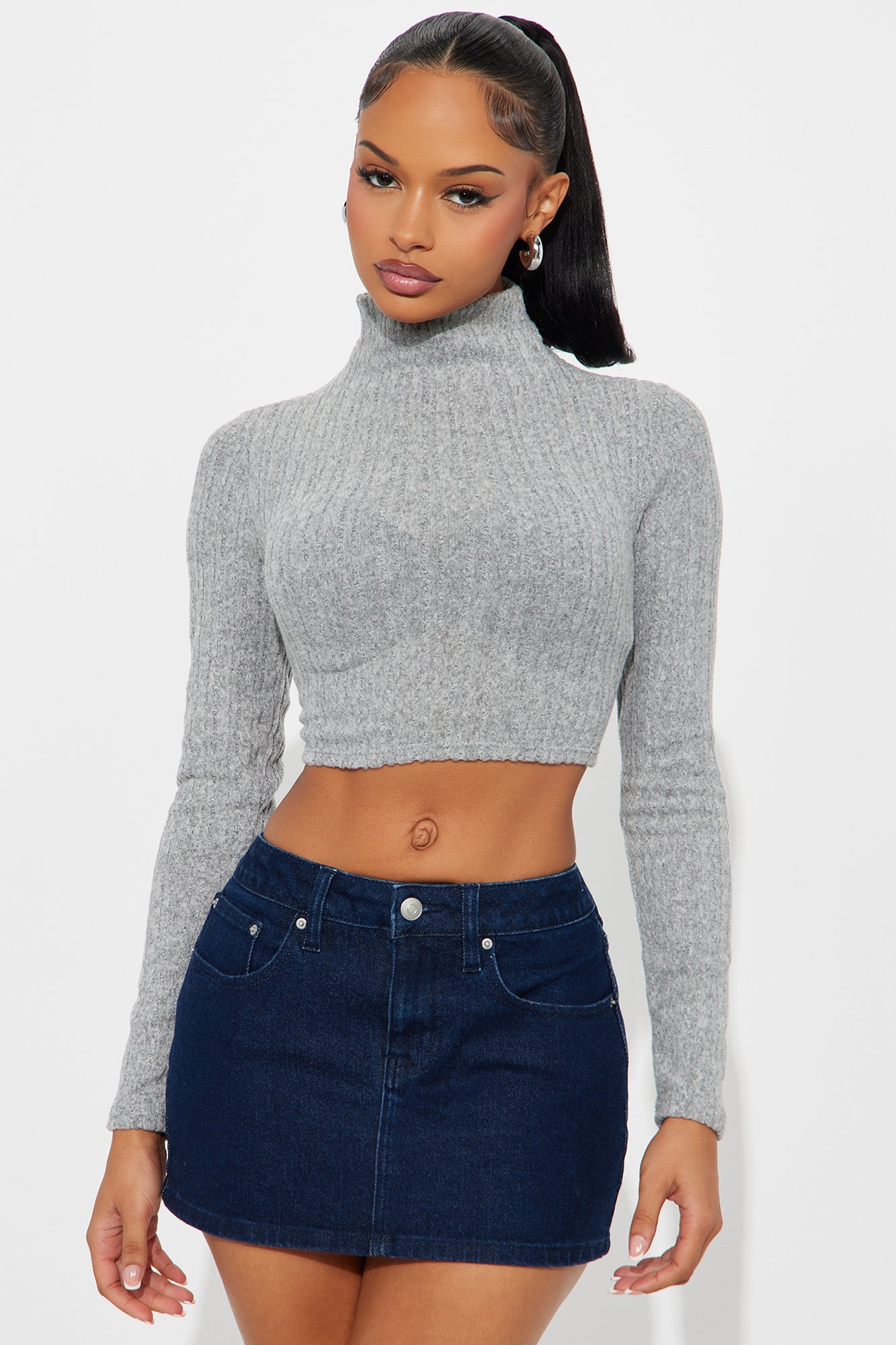 Rhiannon Ribbed Mock Neck Top - Heather Grey