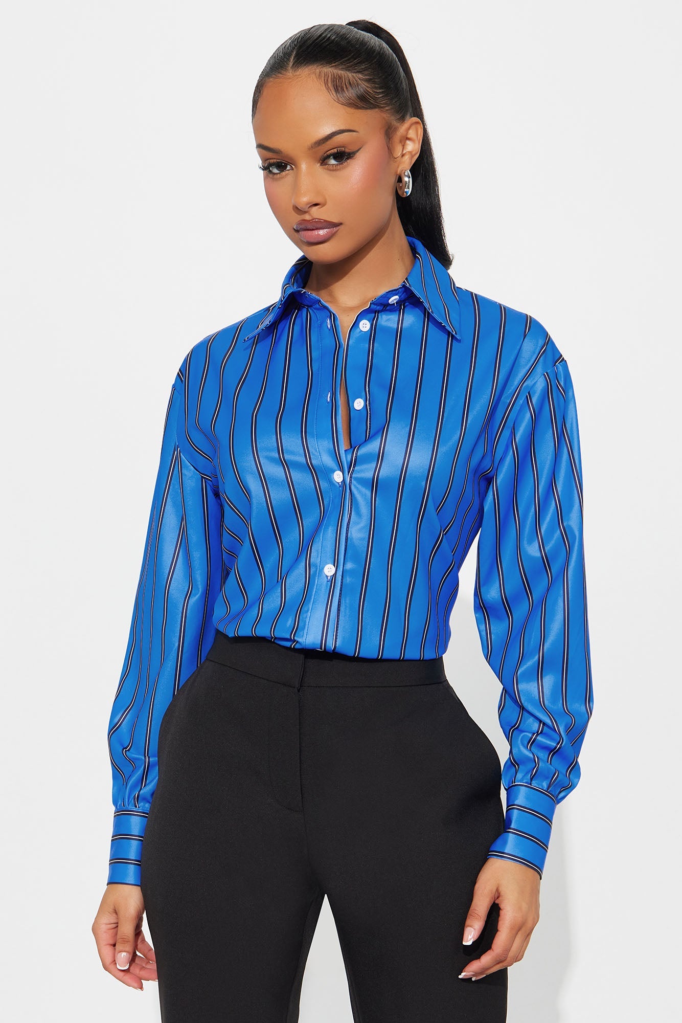 Myra Pinstripe Satin Shirt - Blue/combo