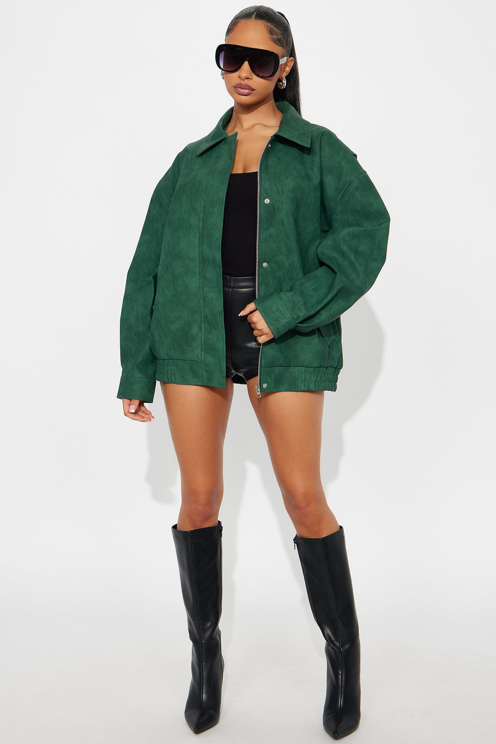 Alexis Washed Faux Leather Bomber Jacket - Hunter Green