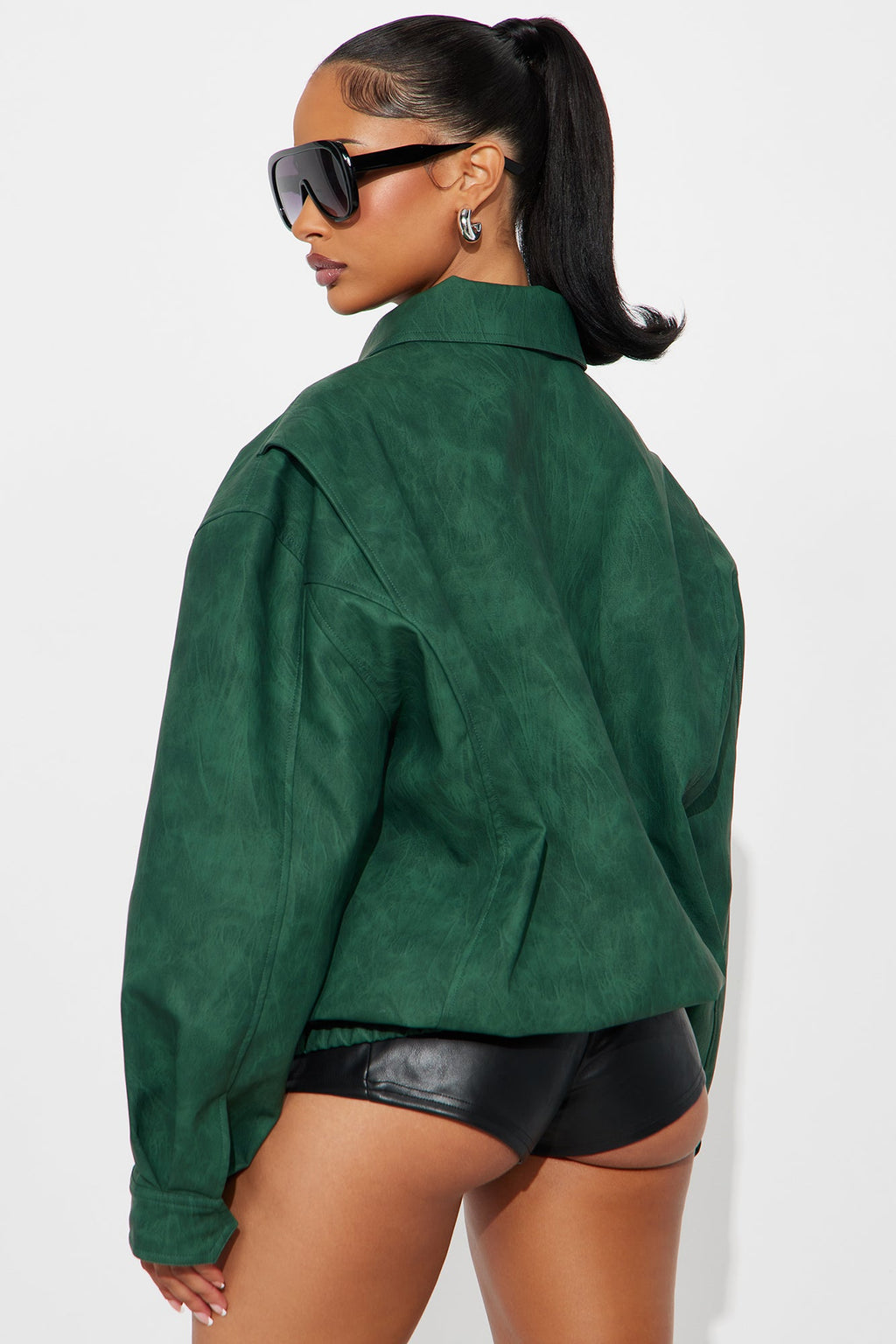 Alexis Washed Faux Leather Bomber Jacket - Hunter Green