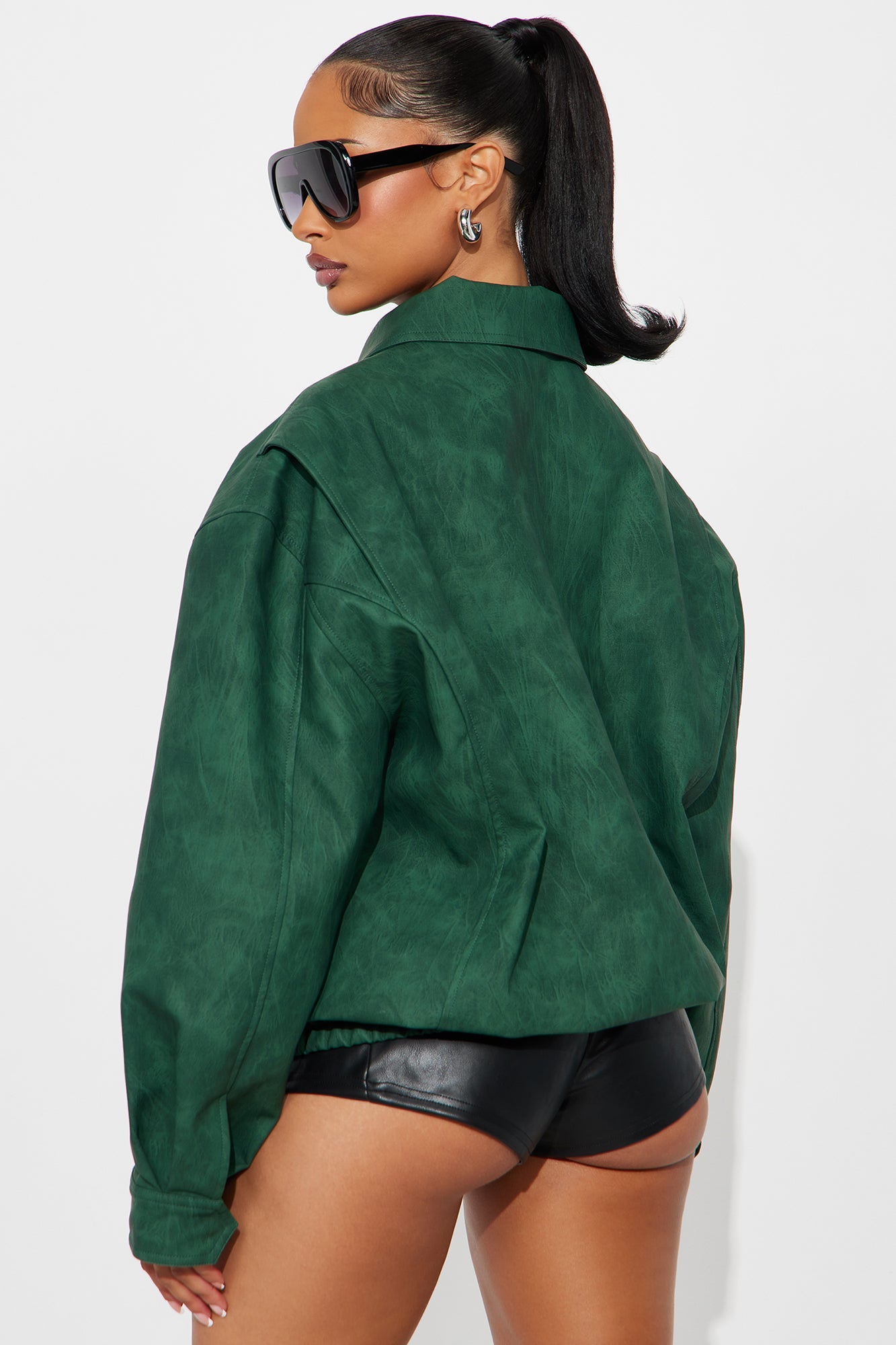 Alexis Washed Faux Leather Bomber Jacket - Hunter Green