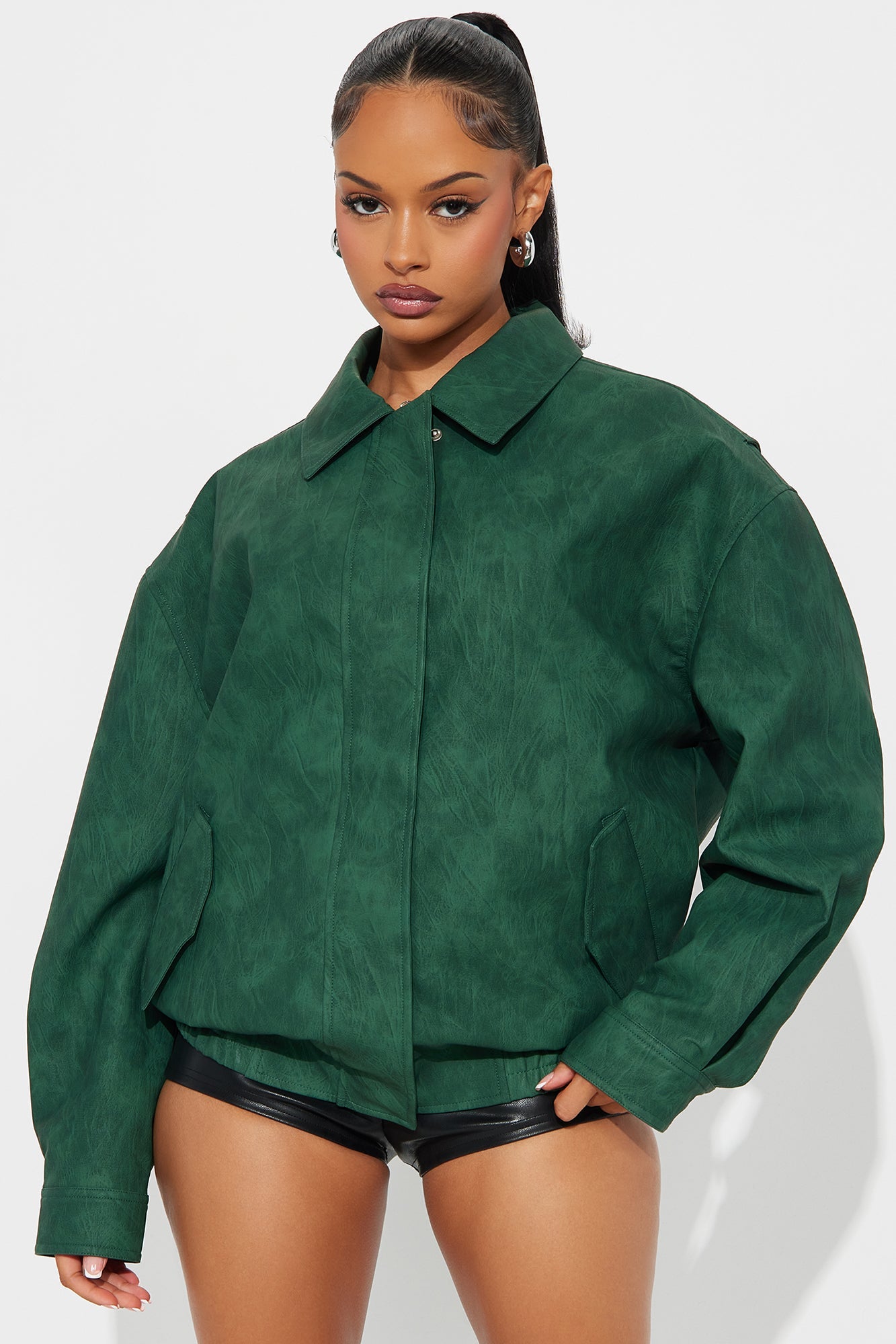 Alexis Washed Faux Leather Bomber Jacket - Hunter Green