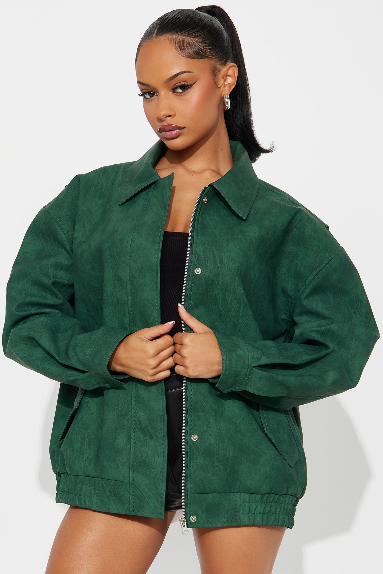 Alexis Washed Faux Leather Bomber Jacket - Hunter Green