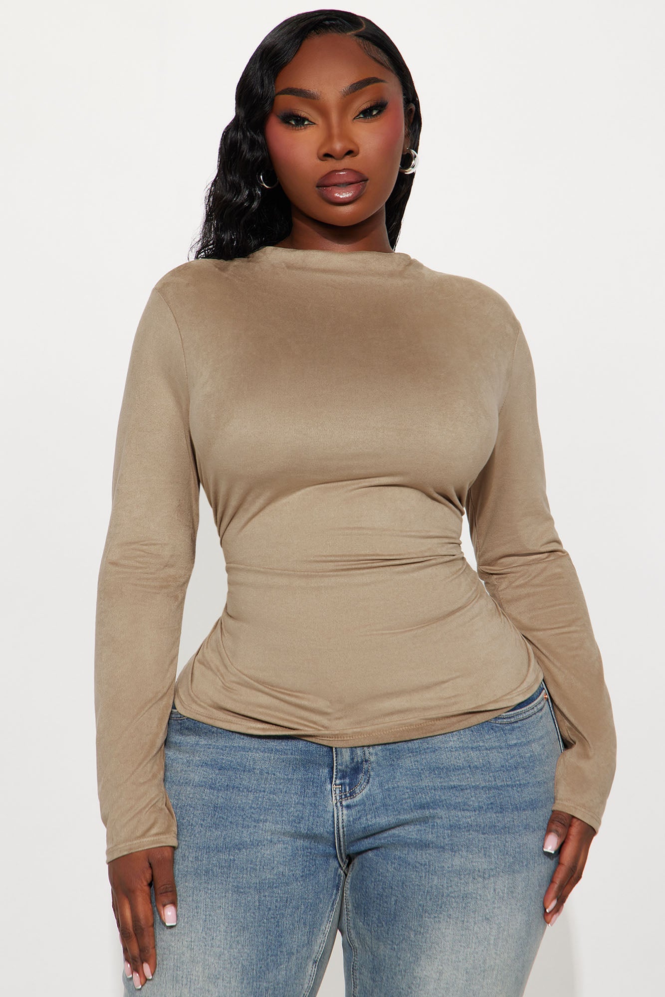 Magic Faux Suede Mock Neck Top - Taupe