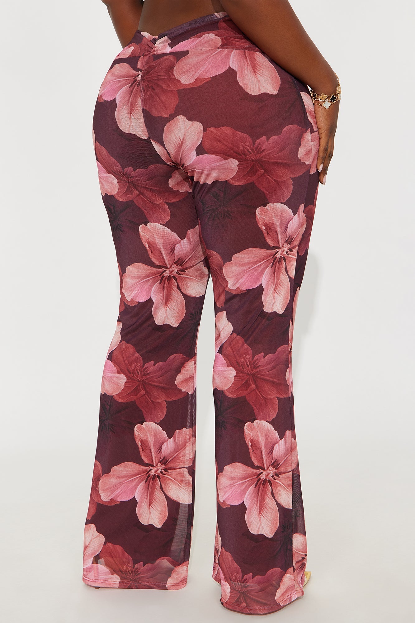 Floral Escape Mesh Straight Leg Ruched Pant 33 - Burgundy/combo