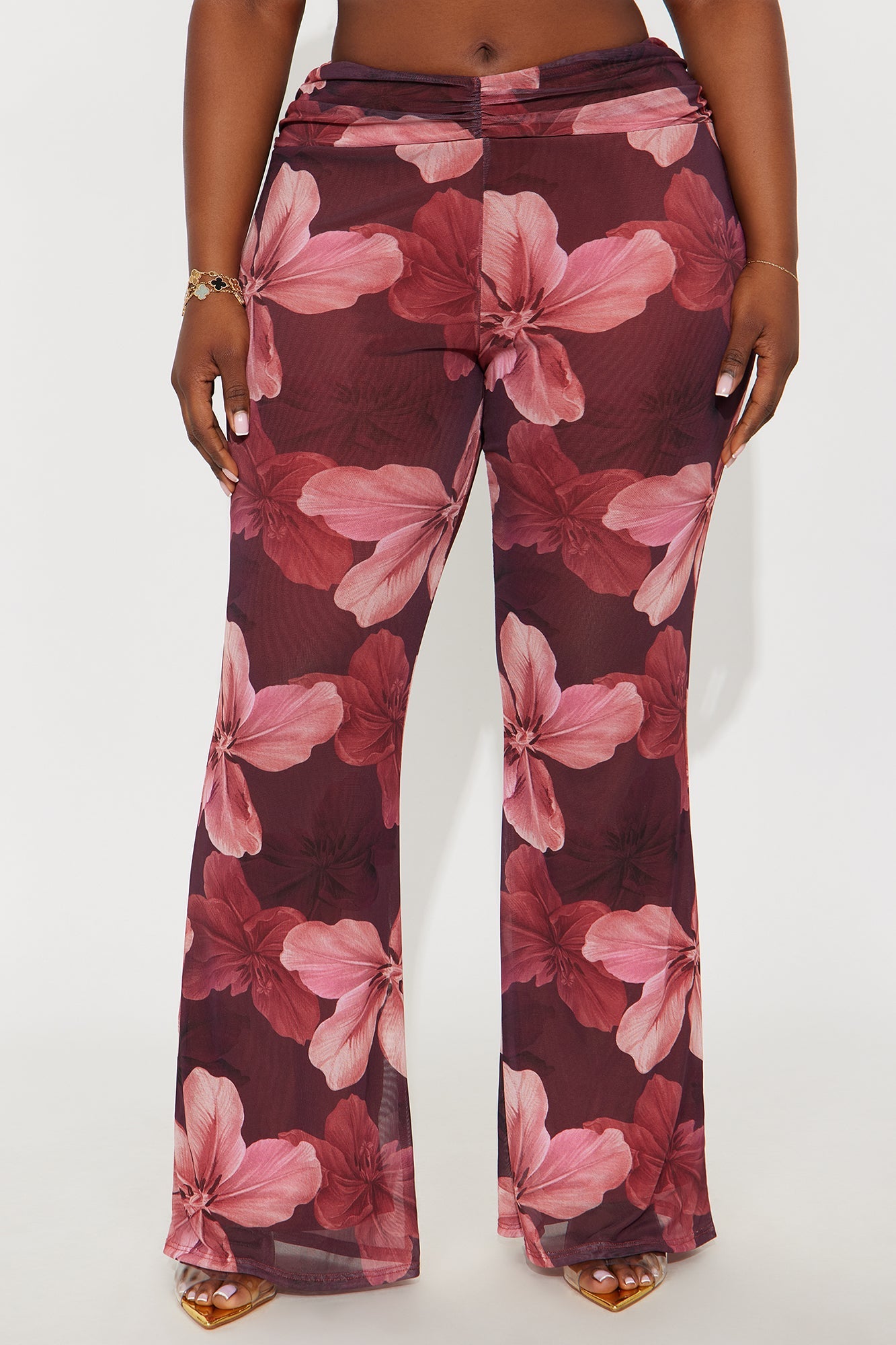 Floral Escape Mesh Straight Leg Ruched Pant 33 - Burgundy/combo