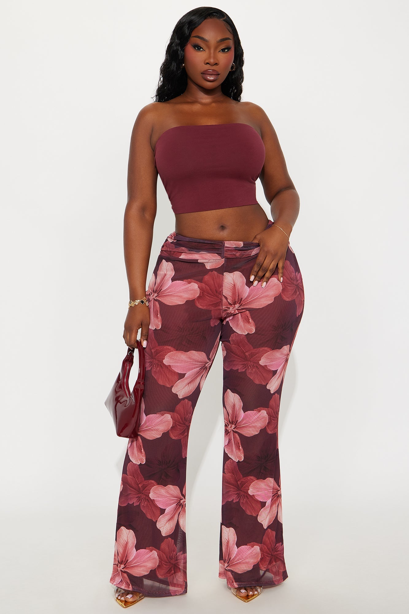 Floral Escape Mesh Straight Leg Ruched Pant 33 - Burgundy/combo