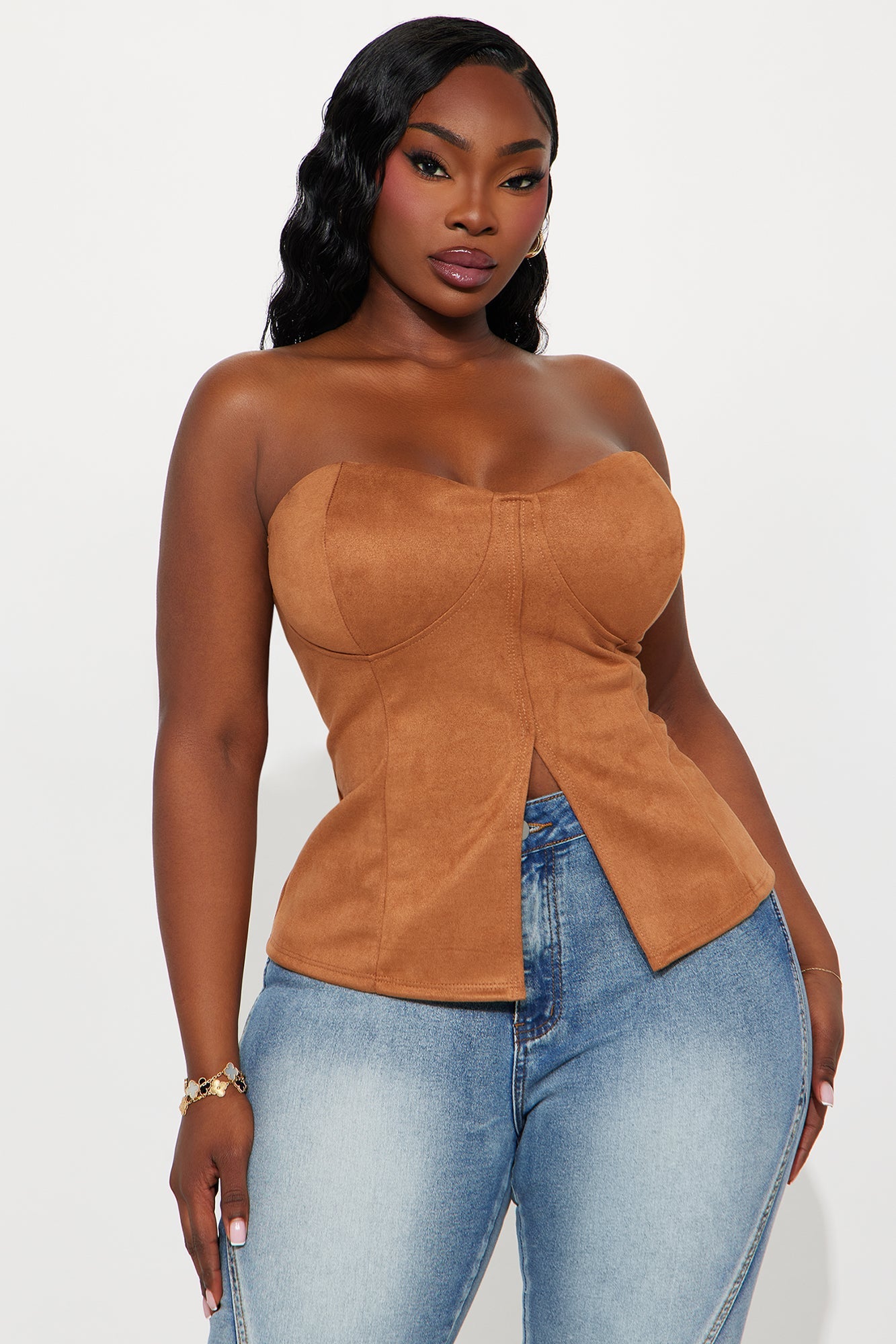 Junelia Faux Suede Strapless Corset Top - Camel