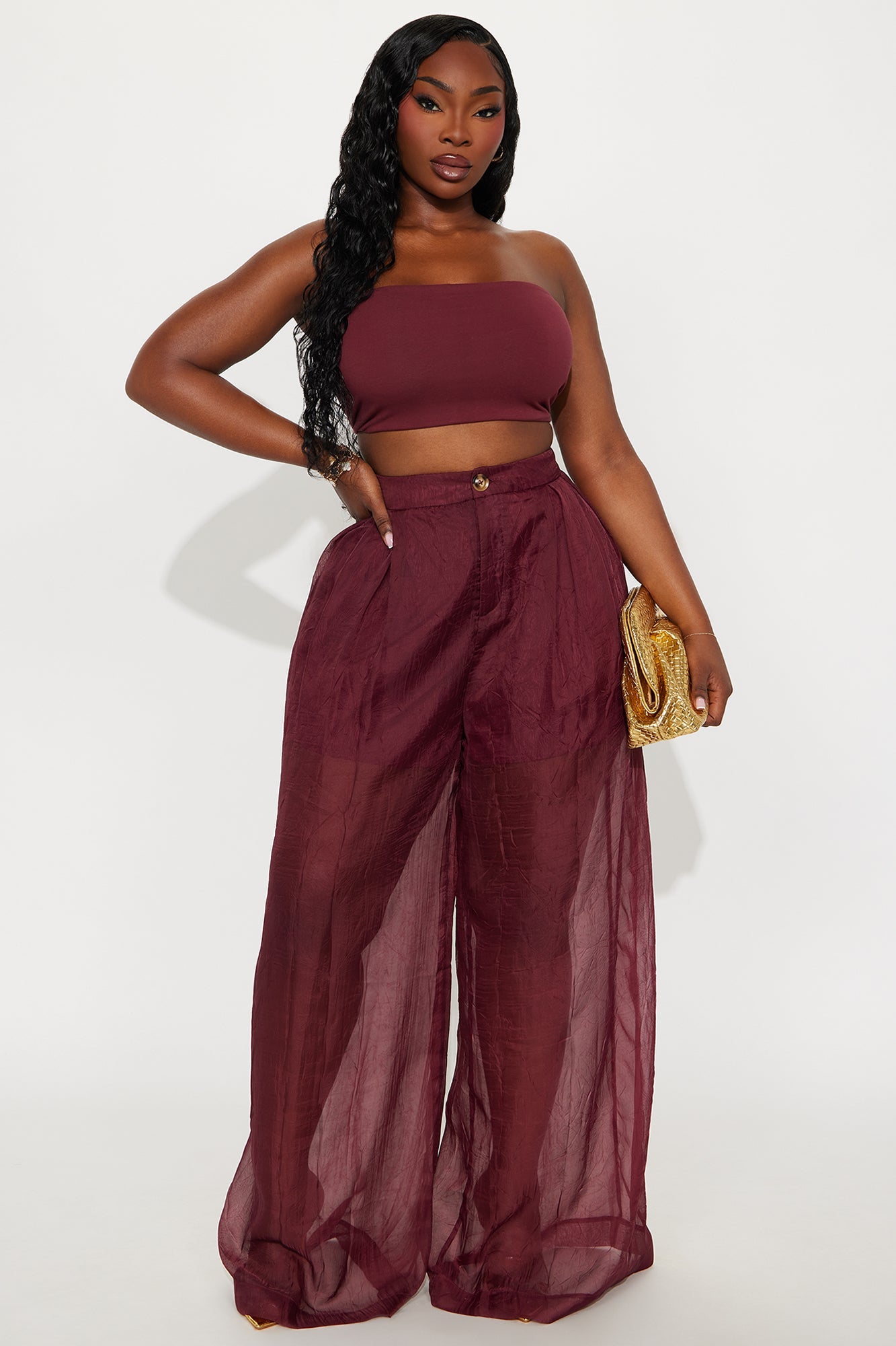 Hollie Wide Leg Organza Pant - Burgundy