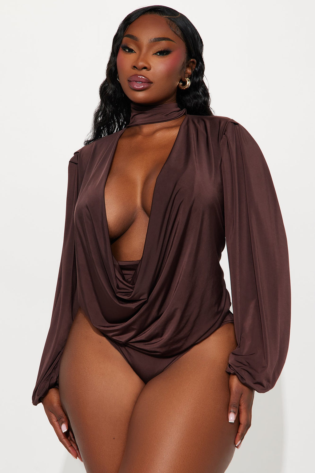 Scarlet Cut Out Mock Neck Bodysuit - Chocolate