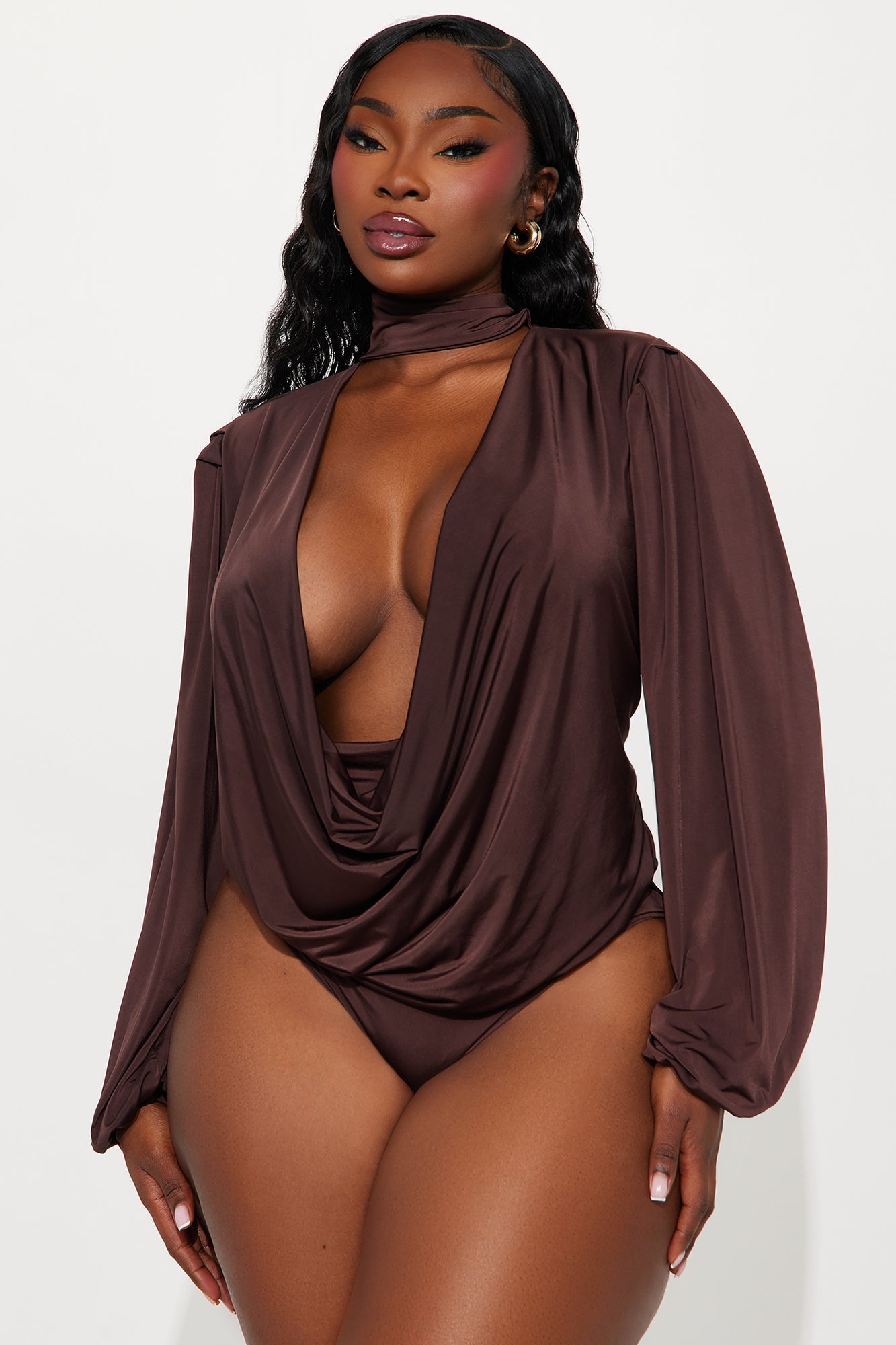 Scarlet Cut Out Mock Neck Bodysuit - Chocolate