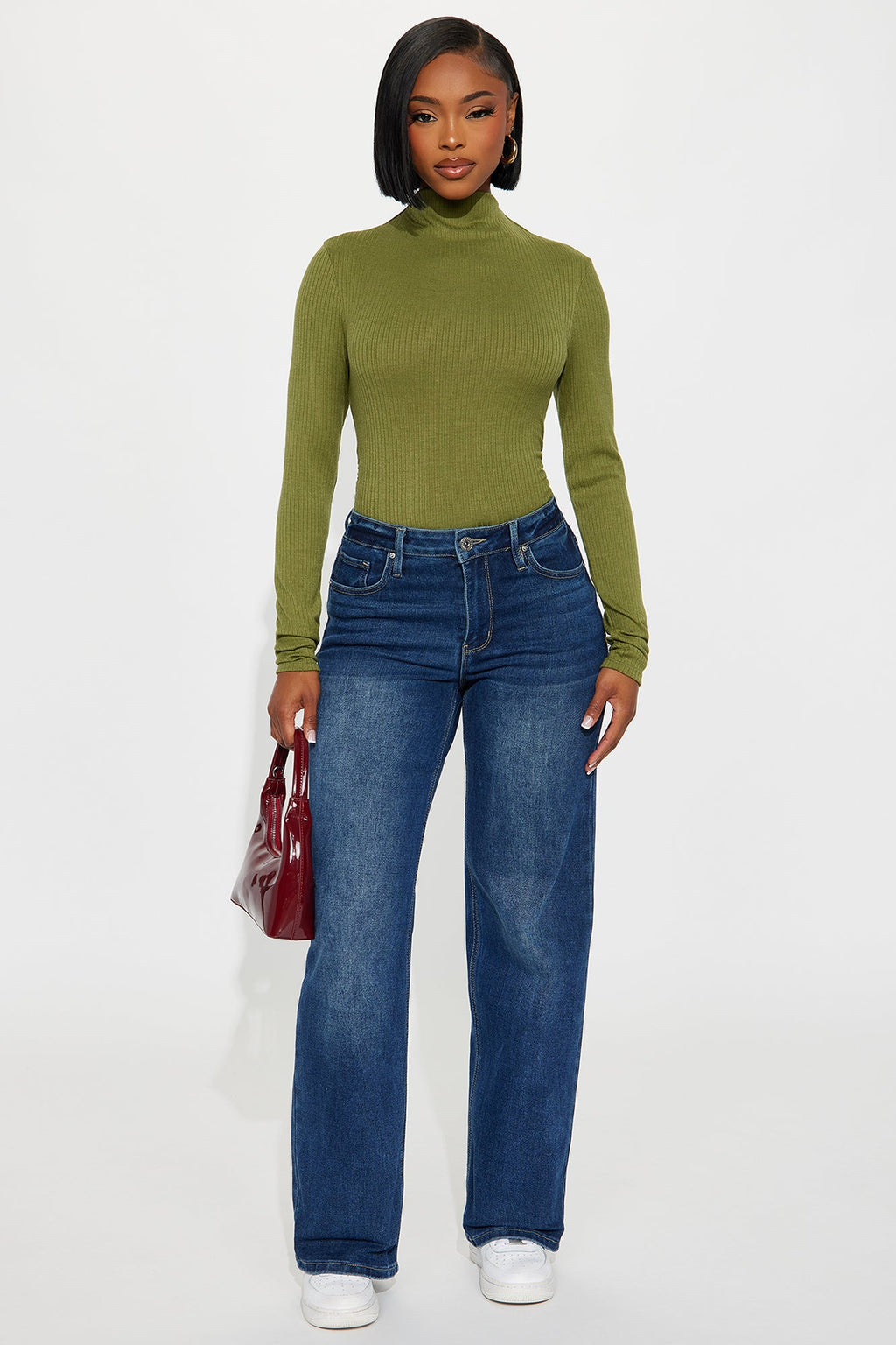 Deziree Ribbed Long Sleeve Mock Neck Top - Olive