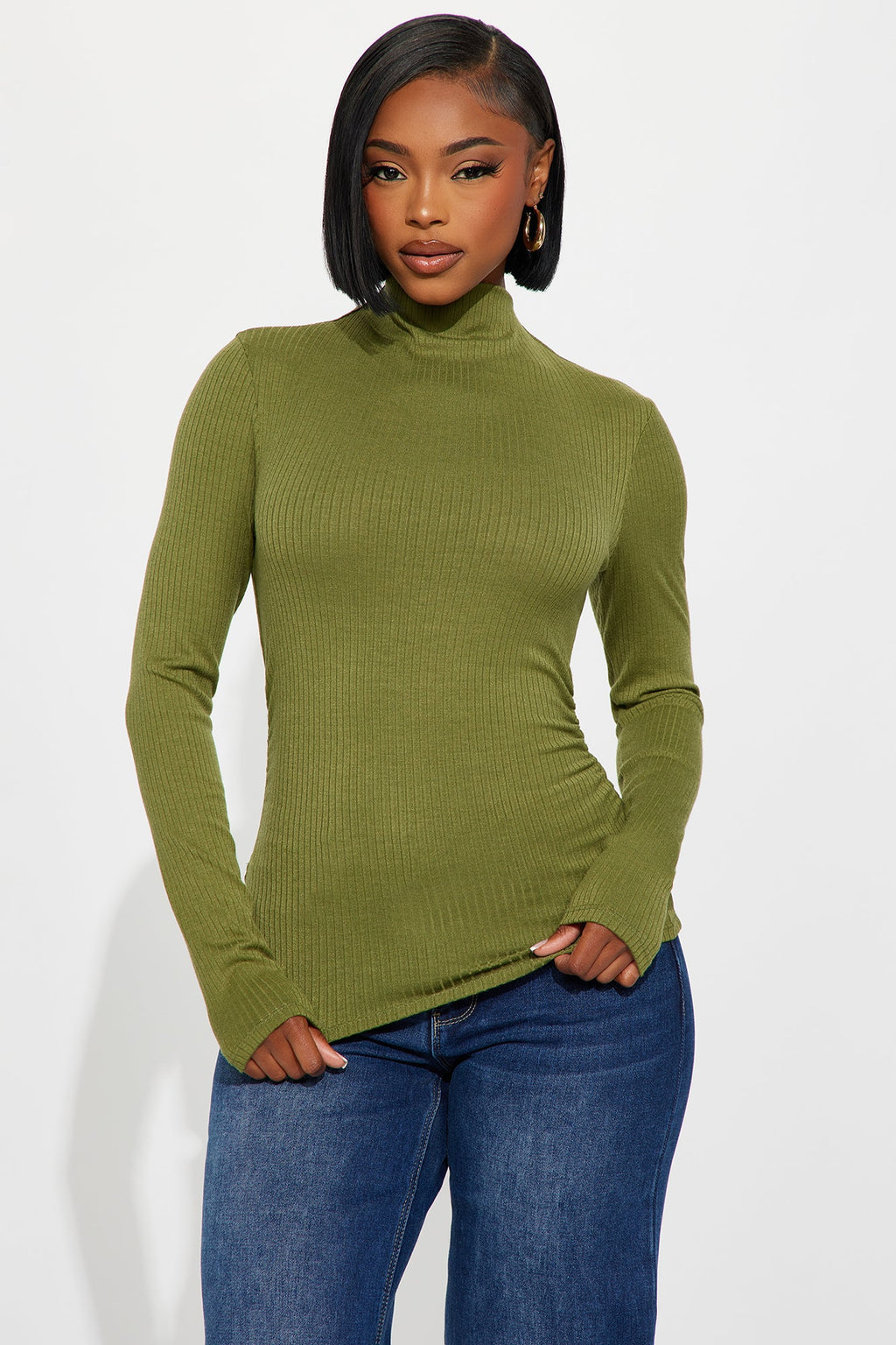 Deziree Ribbed Long Sleeve Mock Neck Top - Olive
