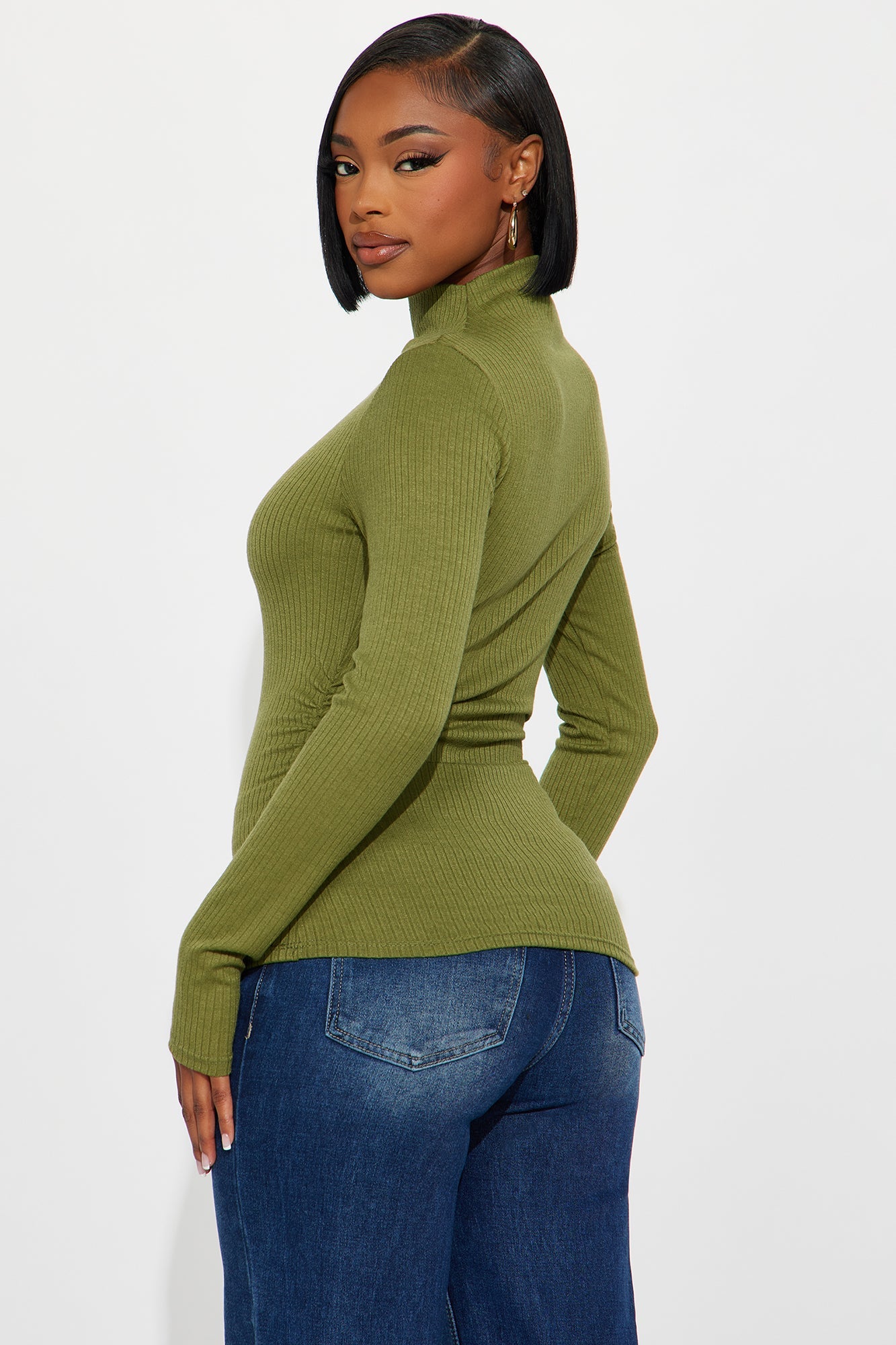 Deziree Ribbed Long Sleeve Mock Neck Top - Olive