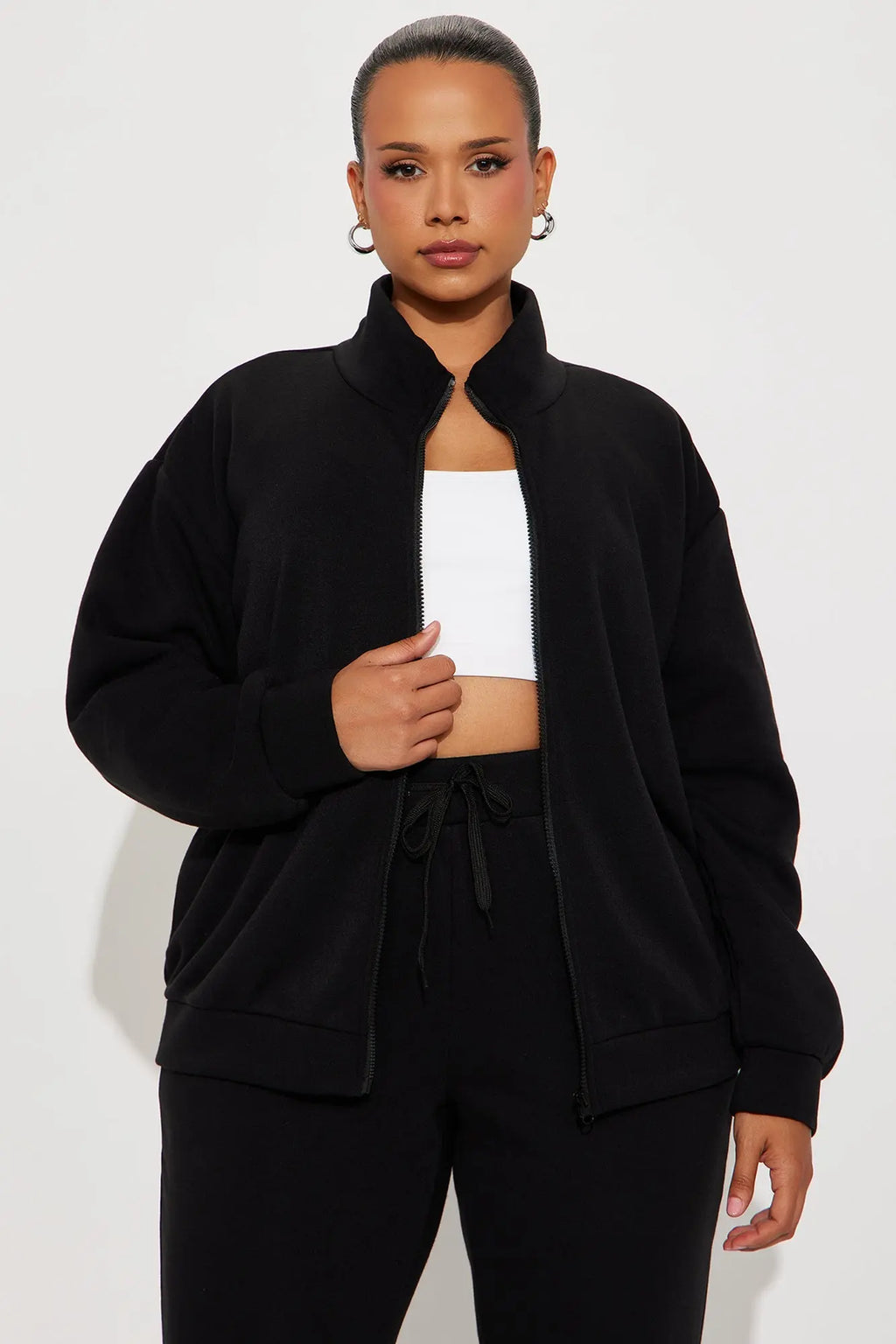 Demi Zip Up Fleece Pant Set - Black 