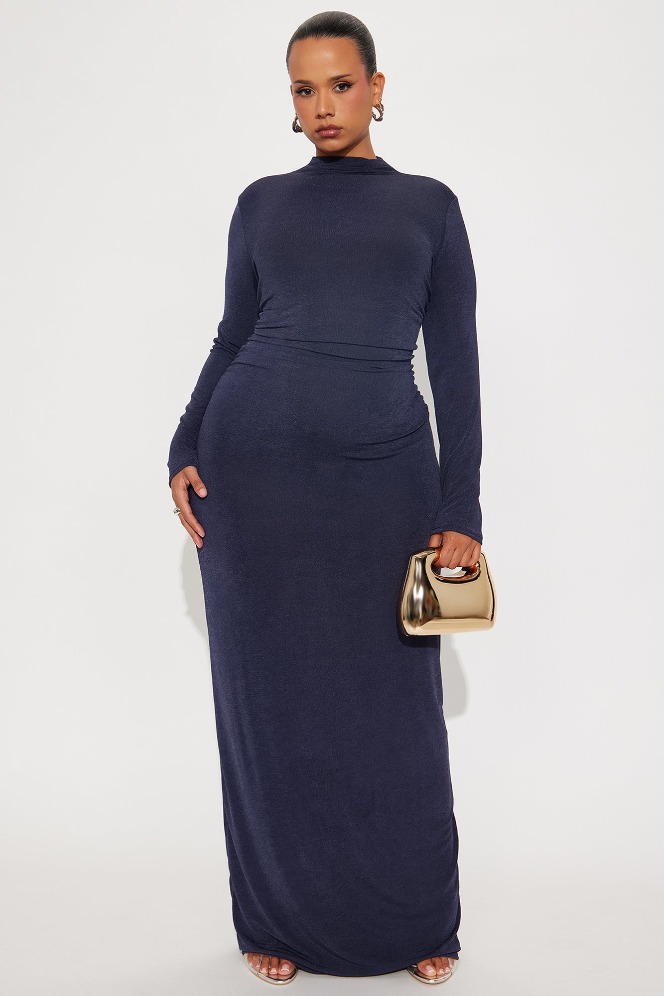 Ella Mock Neck Long Sleeve Maxi Dress - Navy