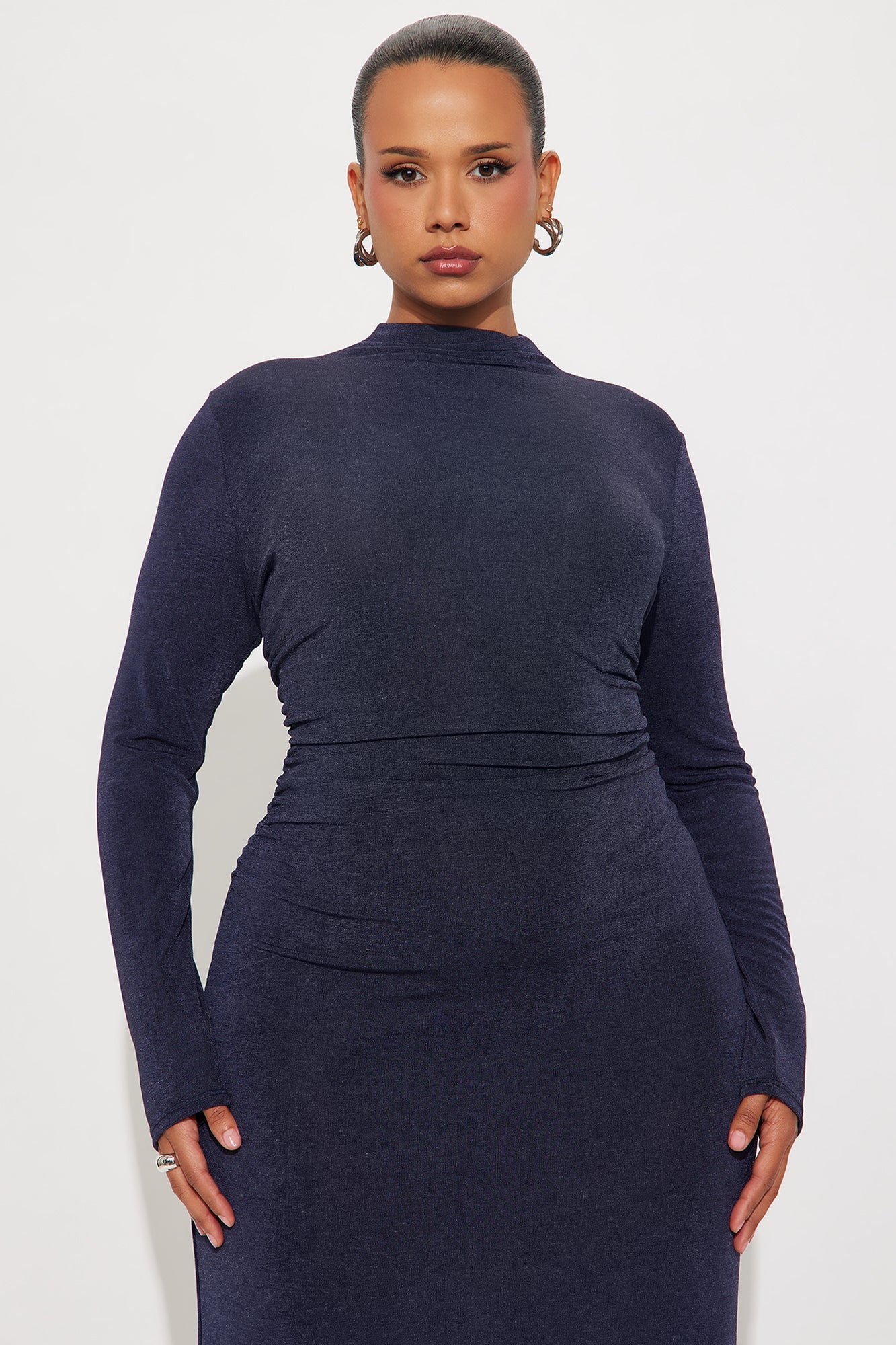 Ella Mock Neck Long Sleeve Maxi Dress - Navy
