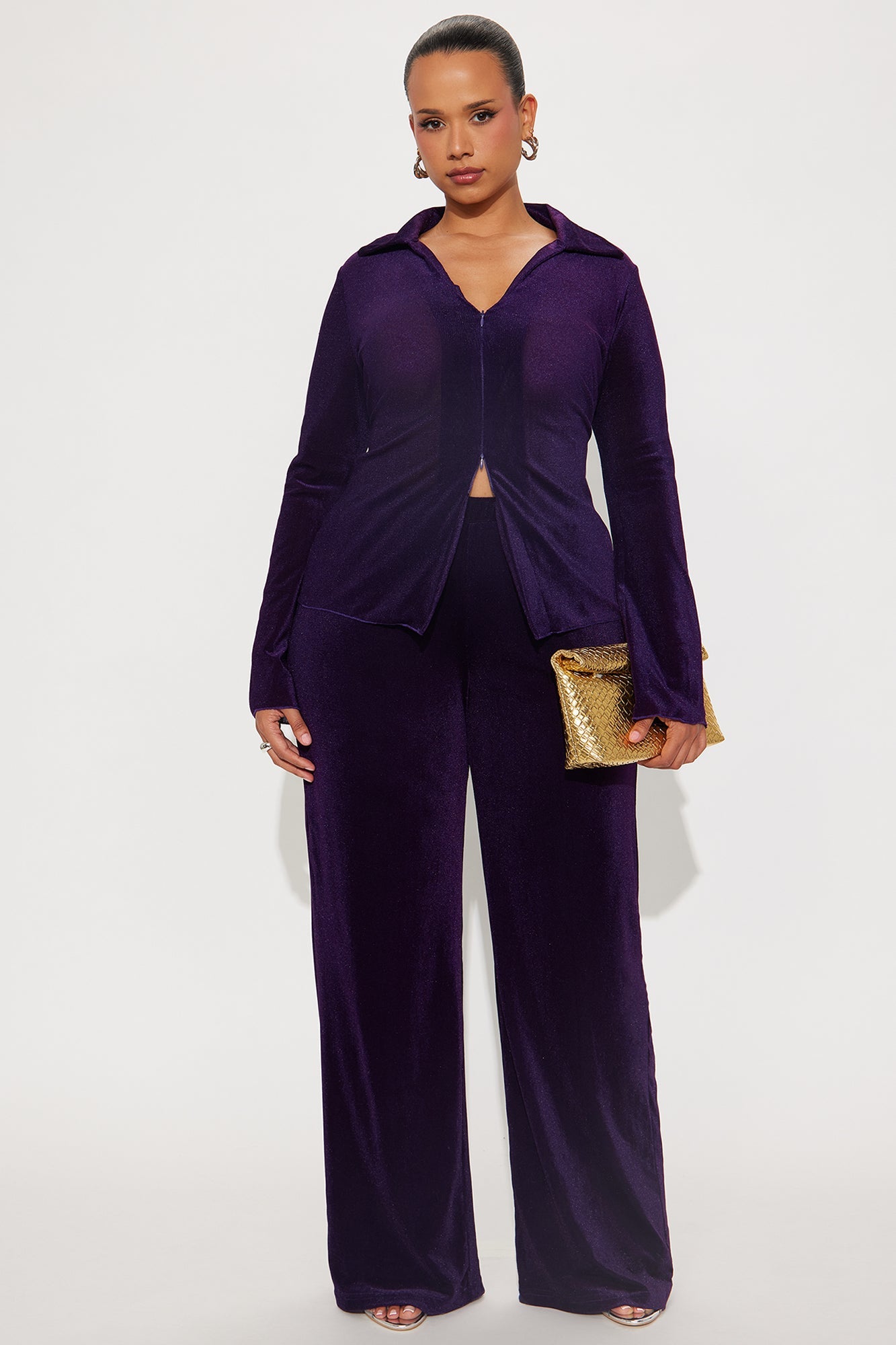 Gabriella Velvet Mesh Pant Set - Plum