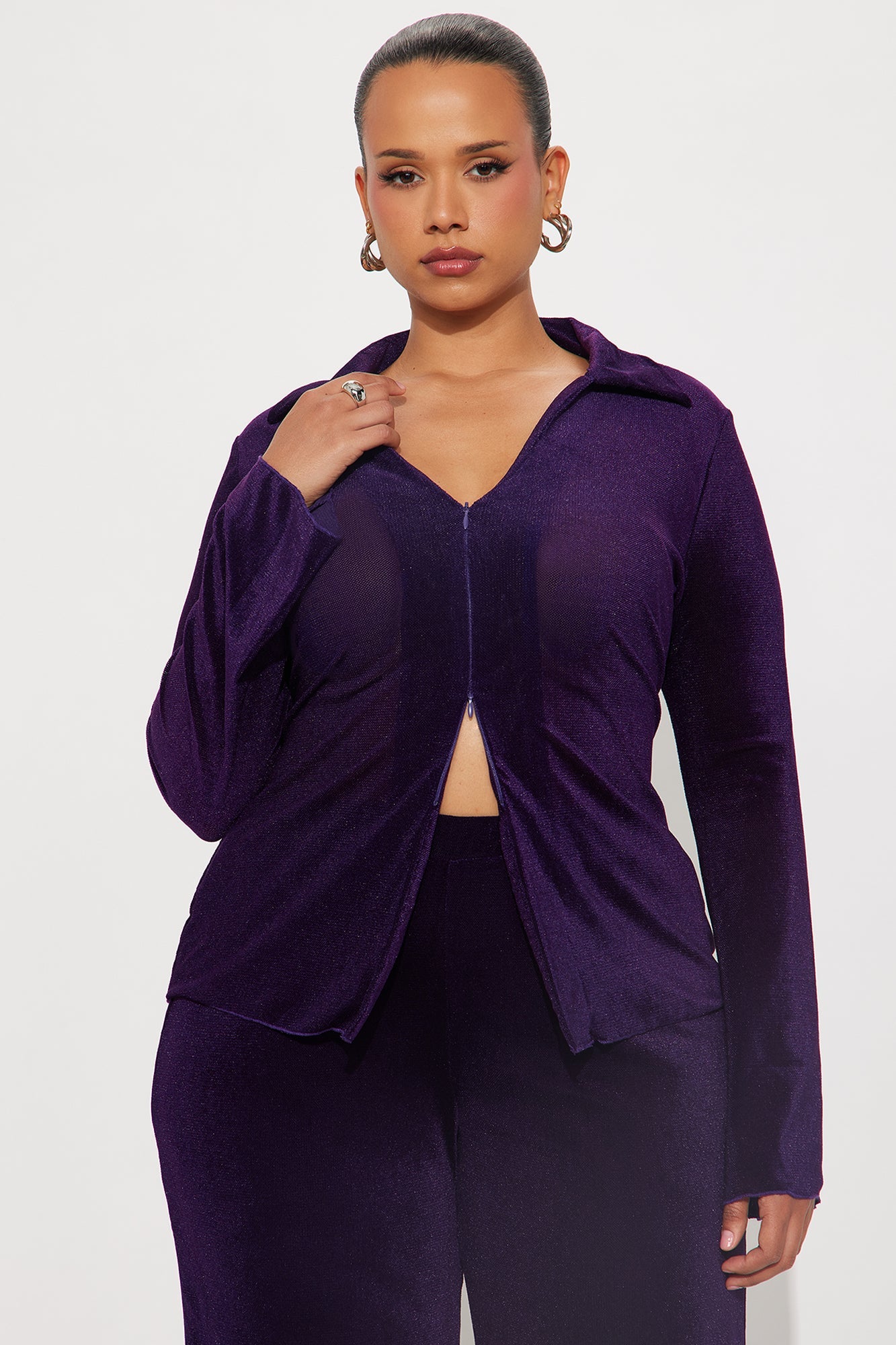 Gabriella Velvet Mesh Pant Set - Plum