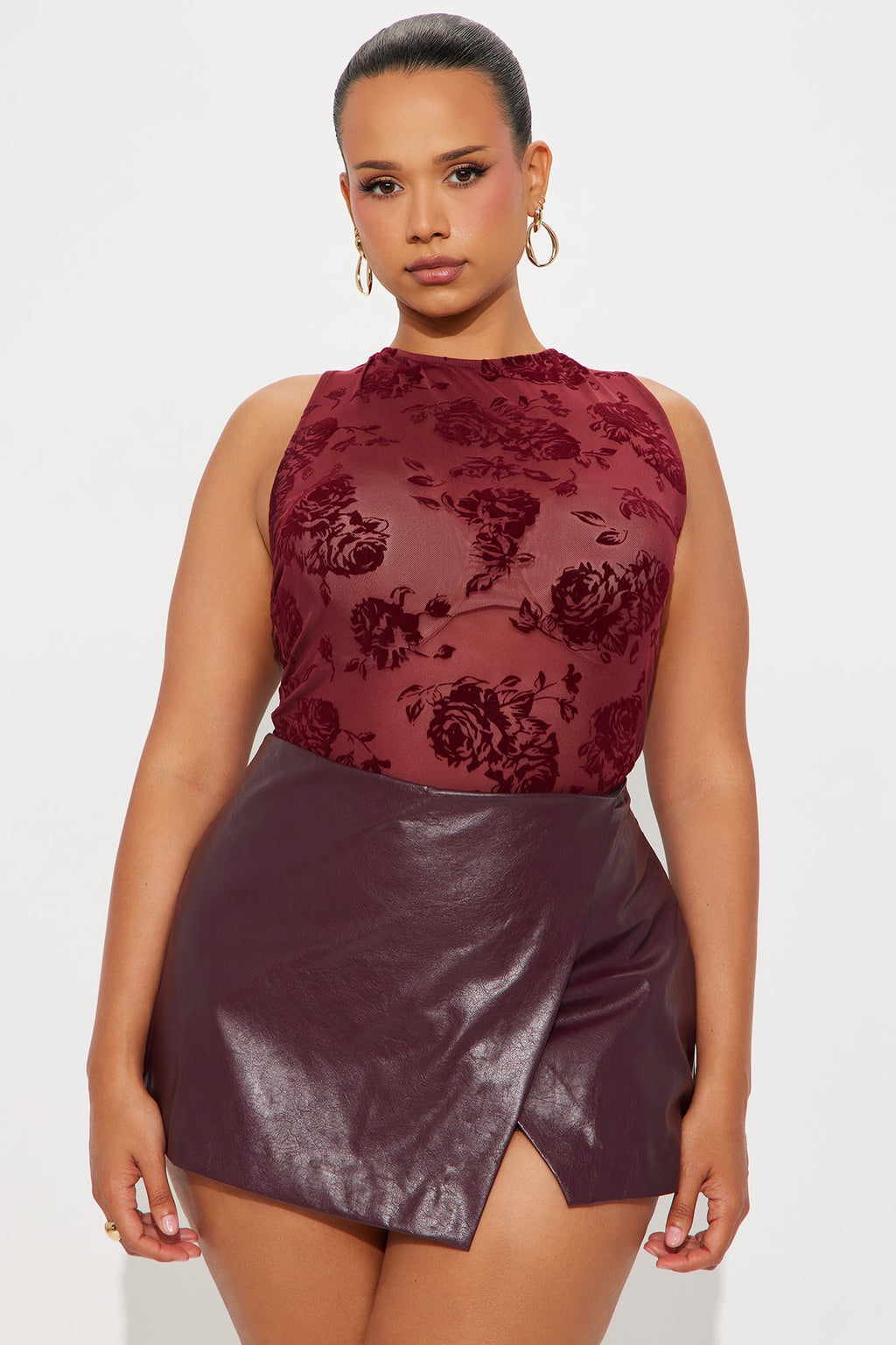 Lizette Boat Neck Mesh Top - Burgundy