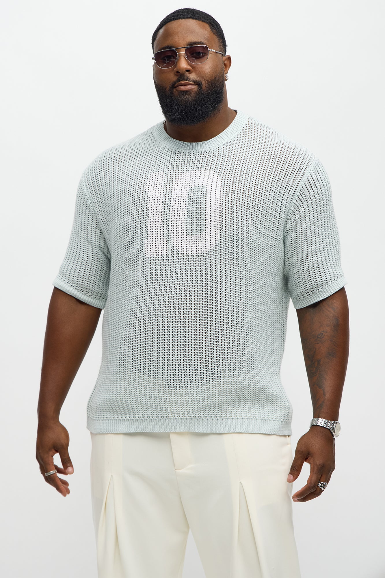 Printed Textured Knit Short Sleeve Tee - Light Blue