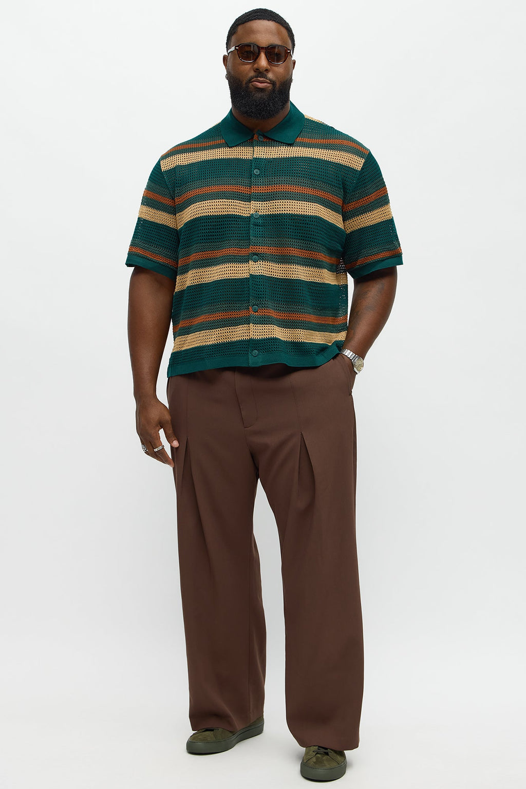 Regular Fit Striped Crochet Button Up Shirt - Teal
