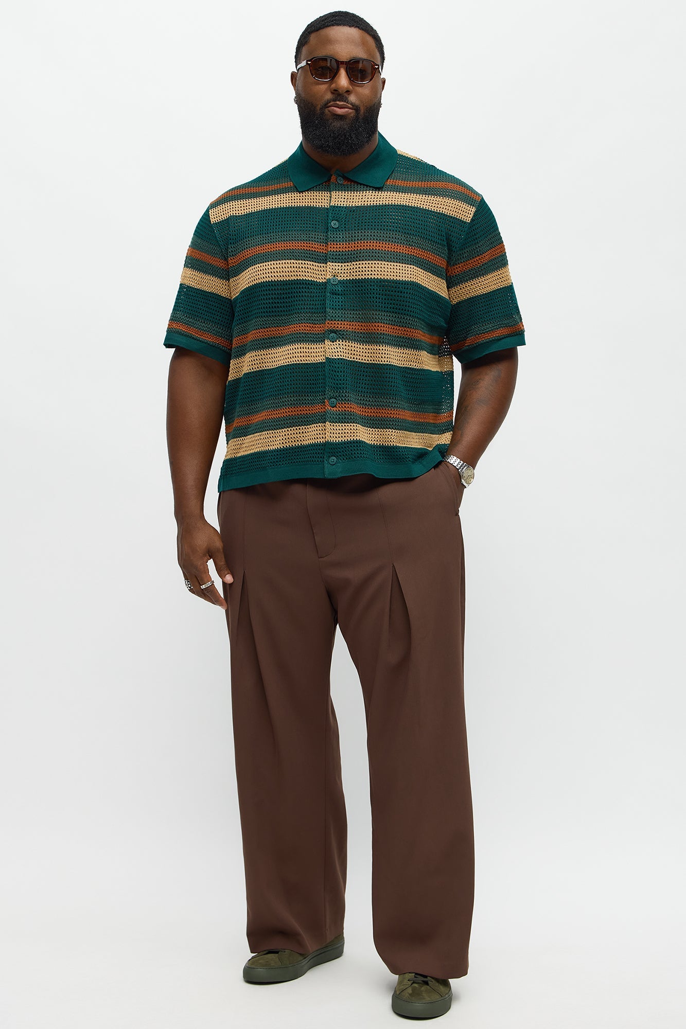 Regular Fit Striped Crochet Button Up Shirt - Teal