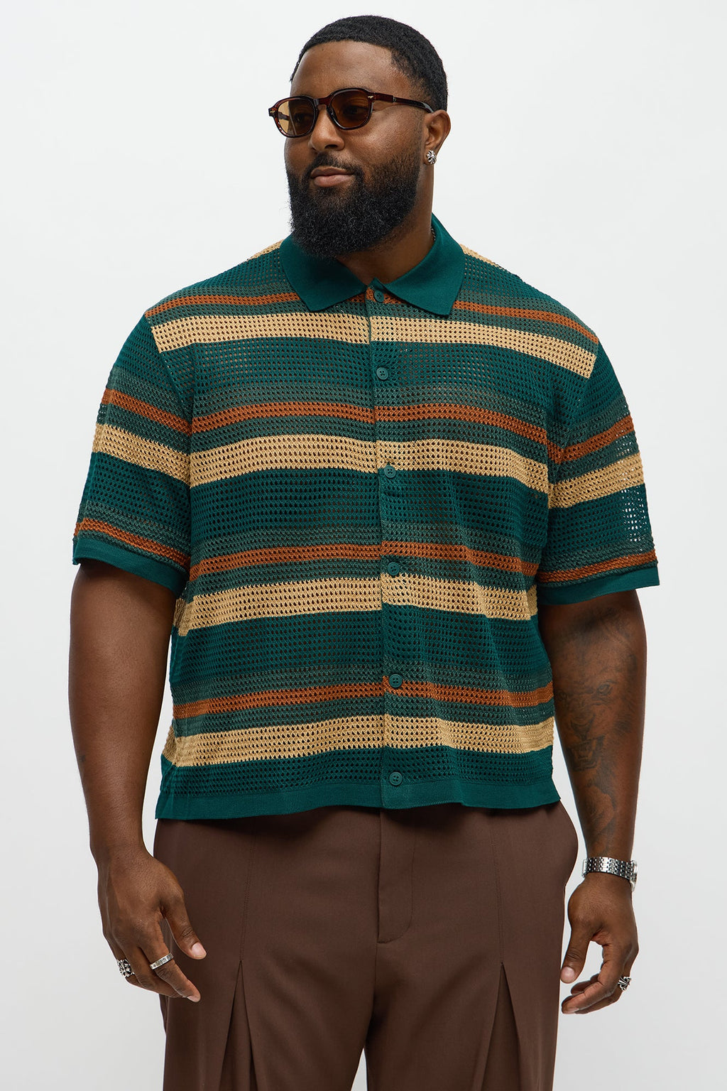 Regular Fit Striped Crochet Button Up Shirt - Teal