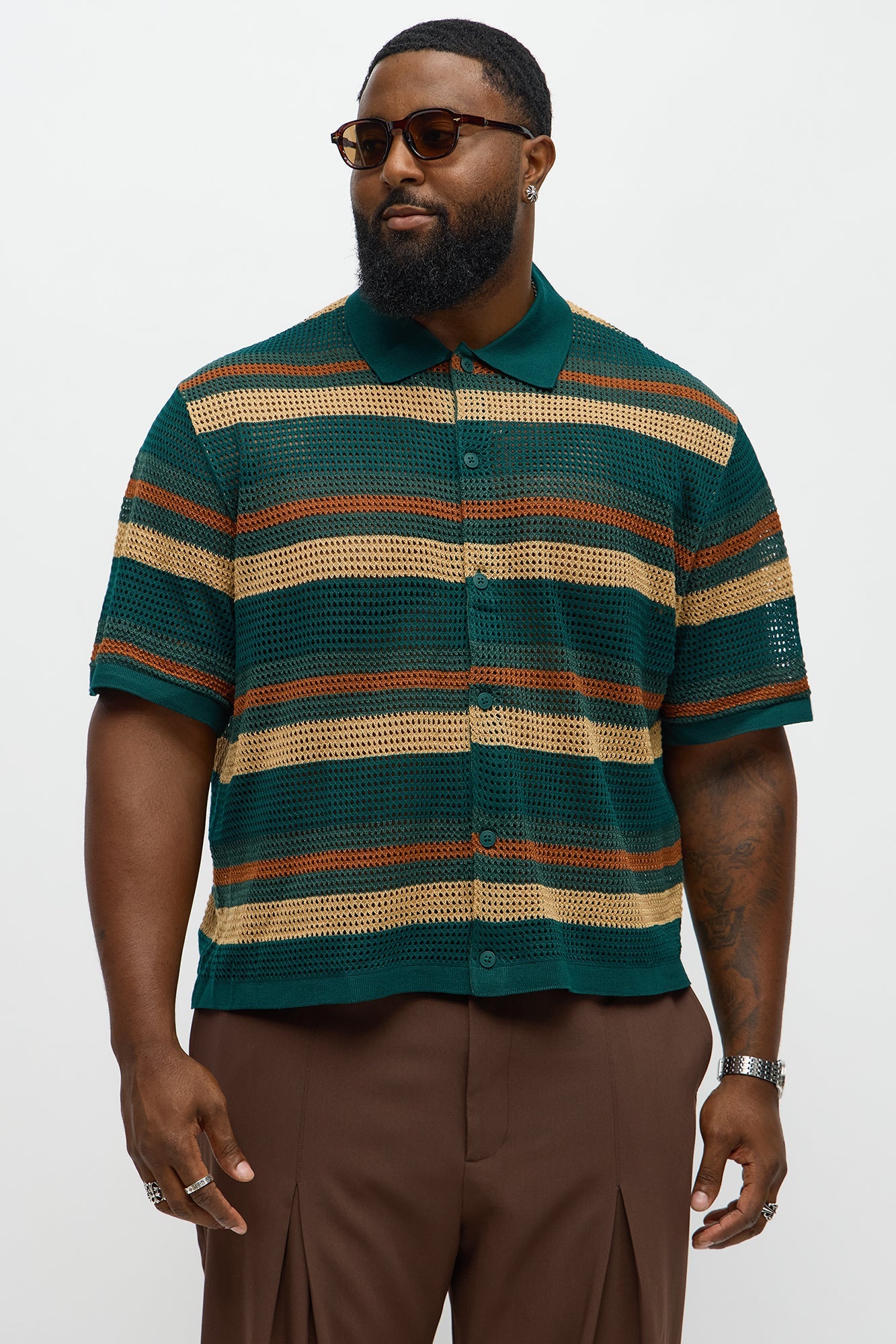 Regular Fit Striped Crochet Button Up Shirt - Teal