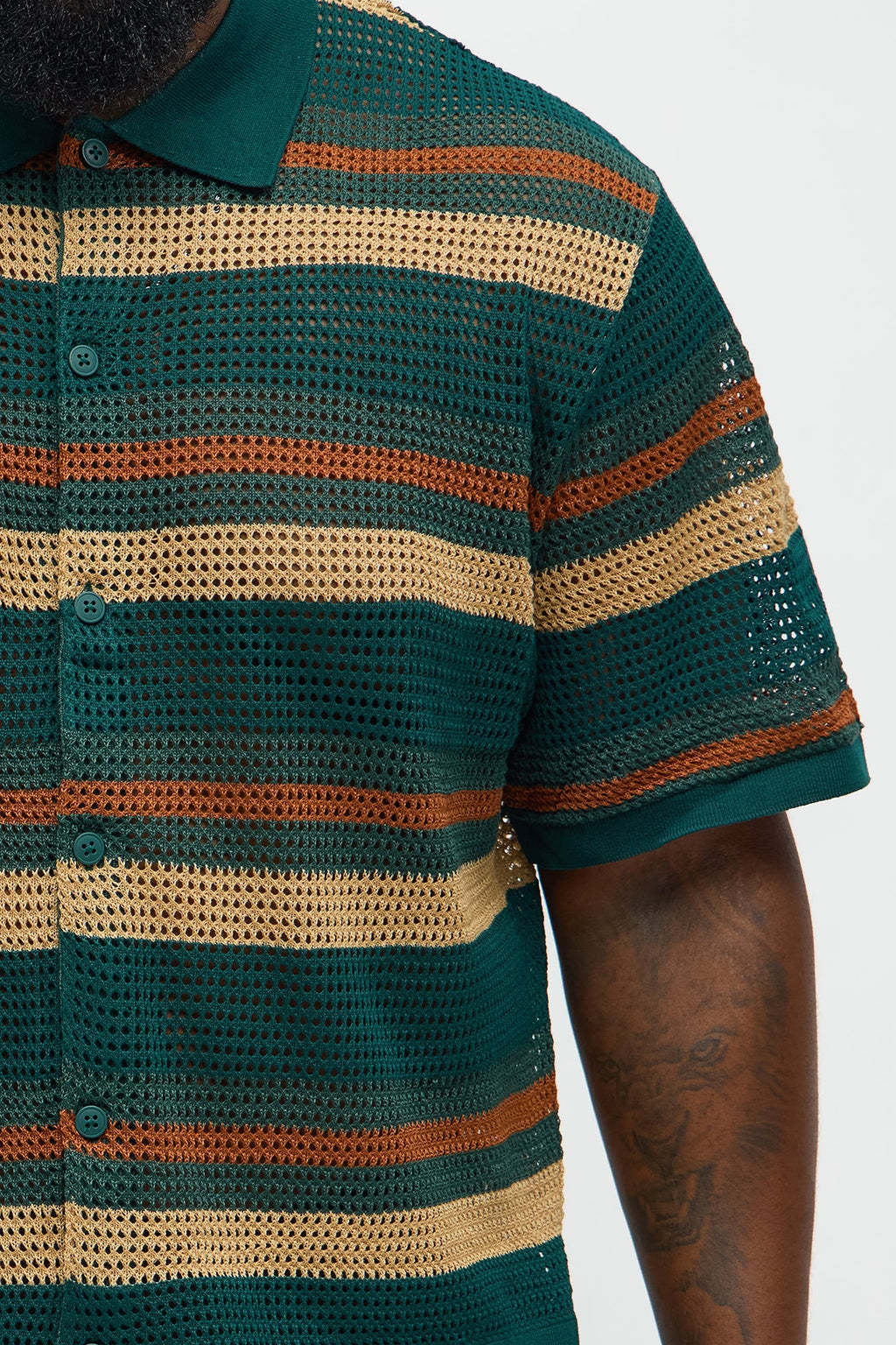 Regular Fit Striped Crochet Button Up Shirt - Teal