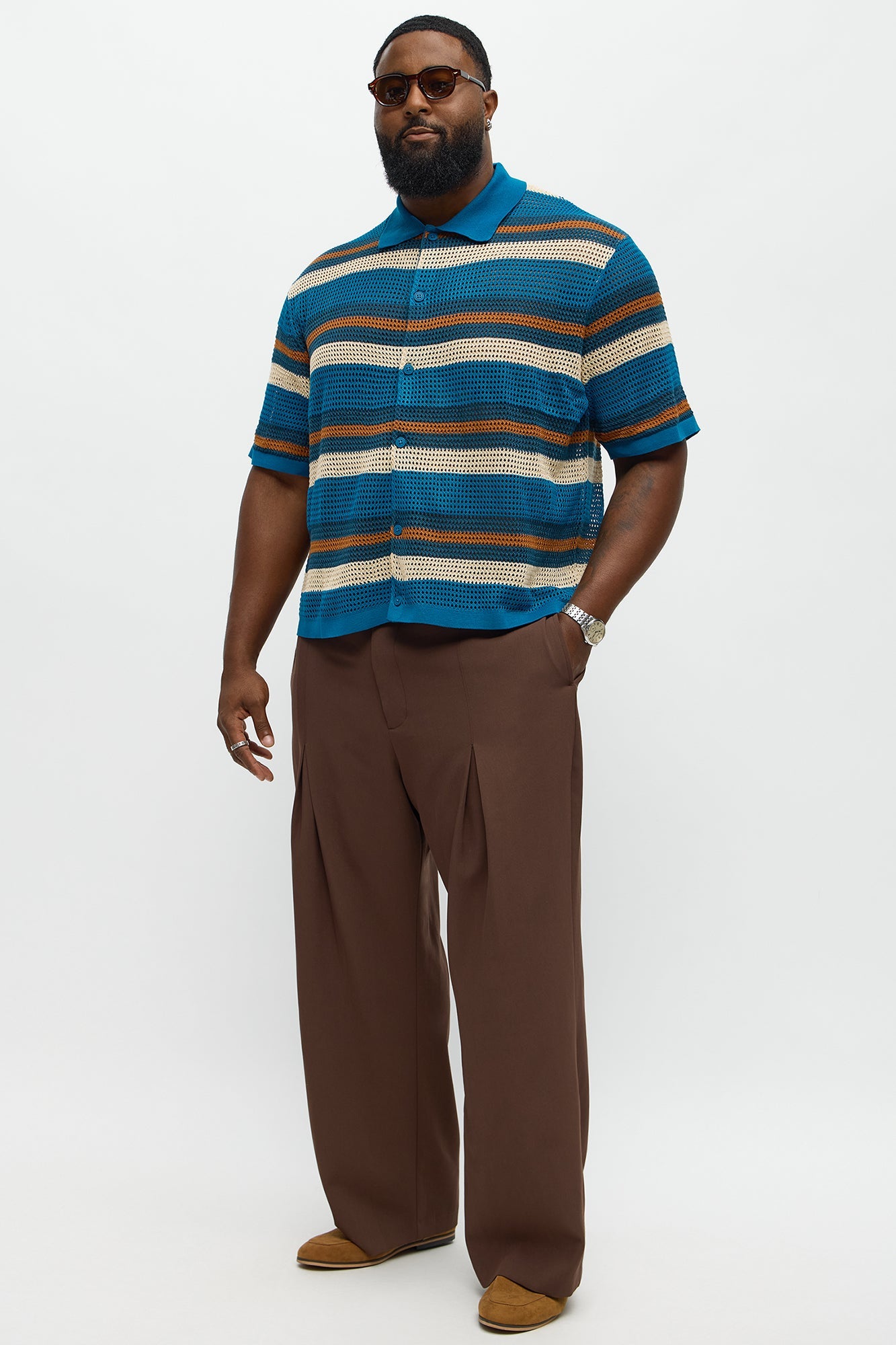 Regular Fit Striped Crochet Button Up Shirt - Blue