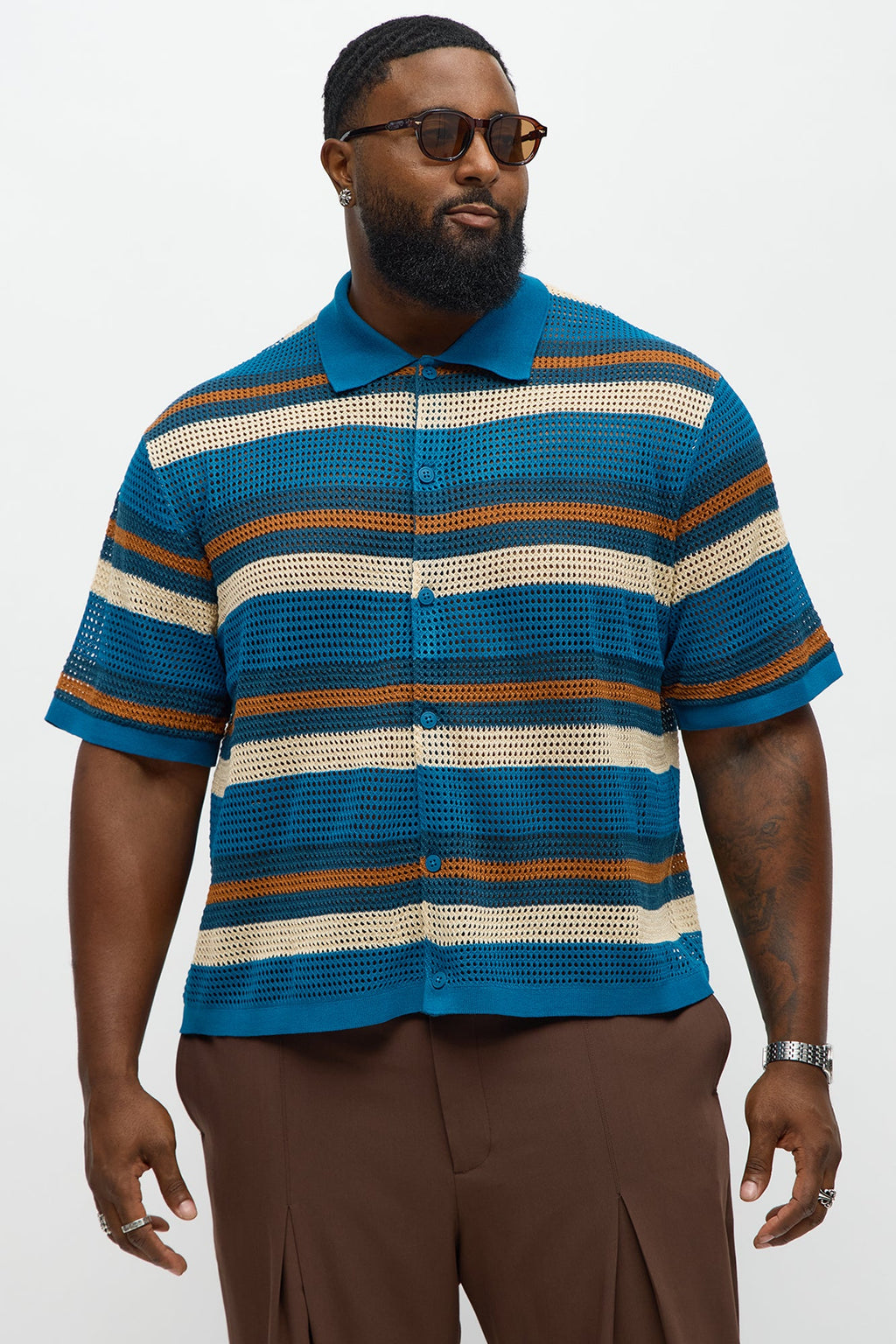 Regular Fit Striped Crochet Button Up Shirt - Blue