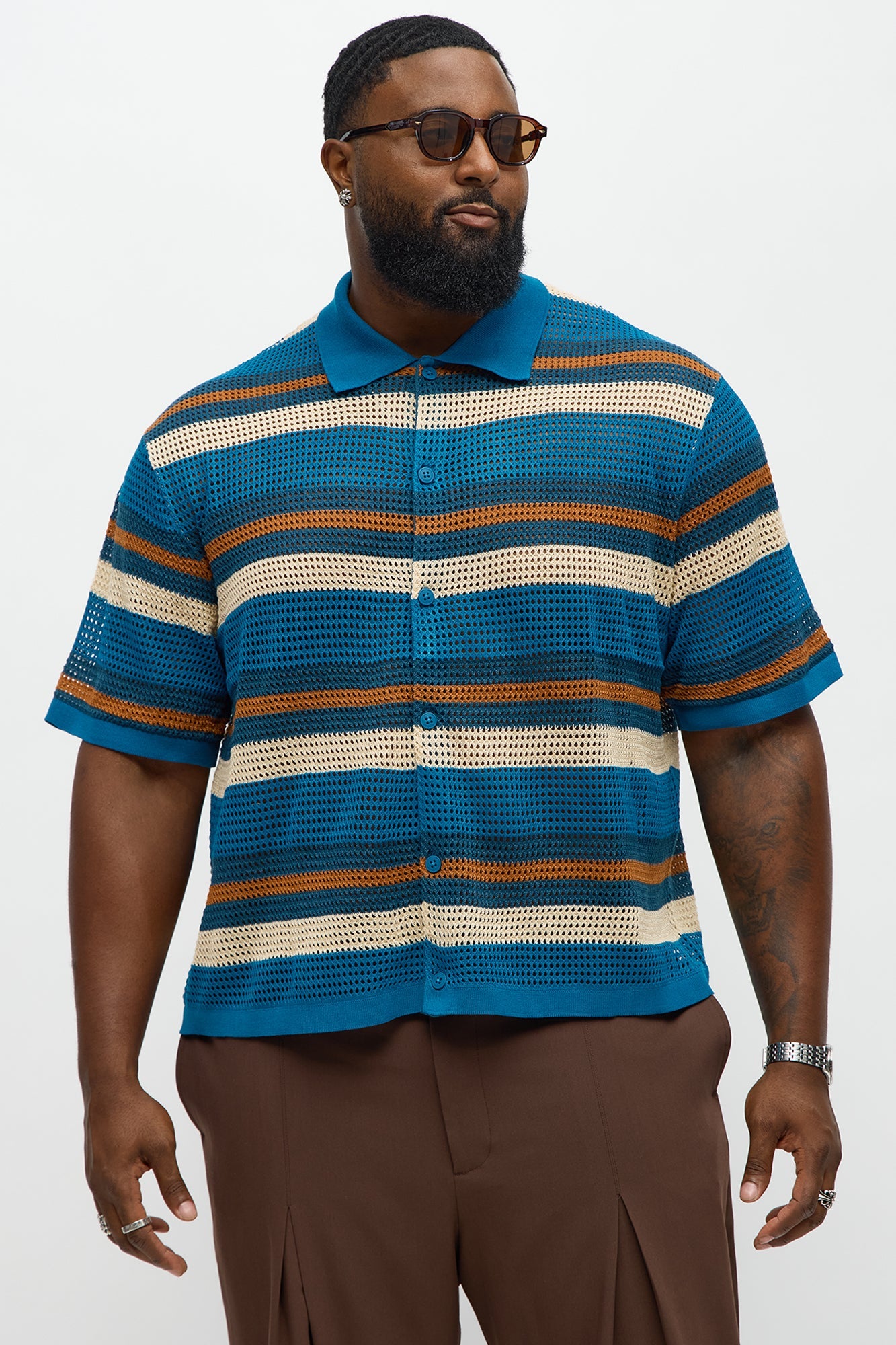 Regular Fit Striped Crochet Button Up Shirt - Blue